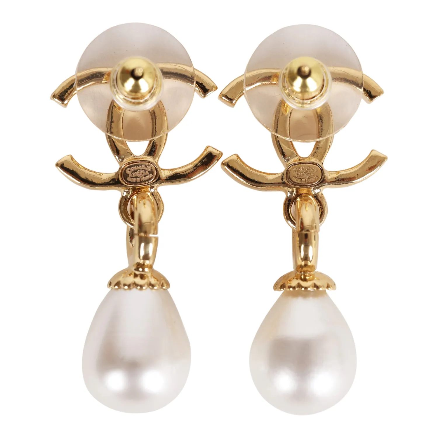 Chanel CC Pearl Drop Dangle Earrings Pearl & Gold Metal