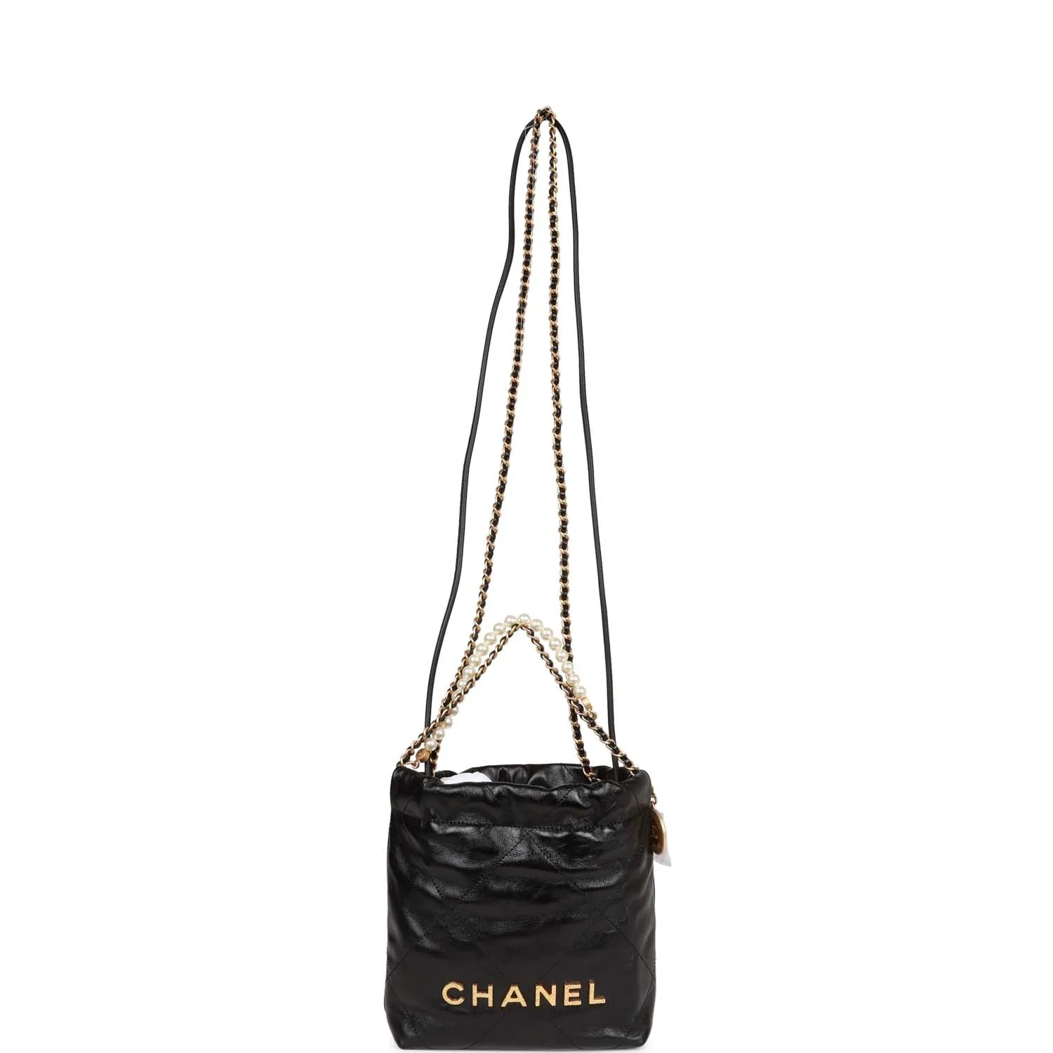 Chanel Mini 22 Bag Black Calfskin and Pearl Antique Gold Hardware