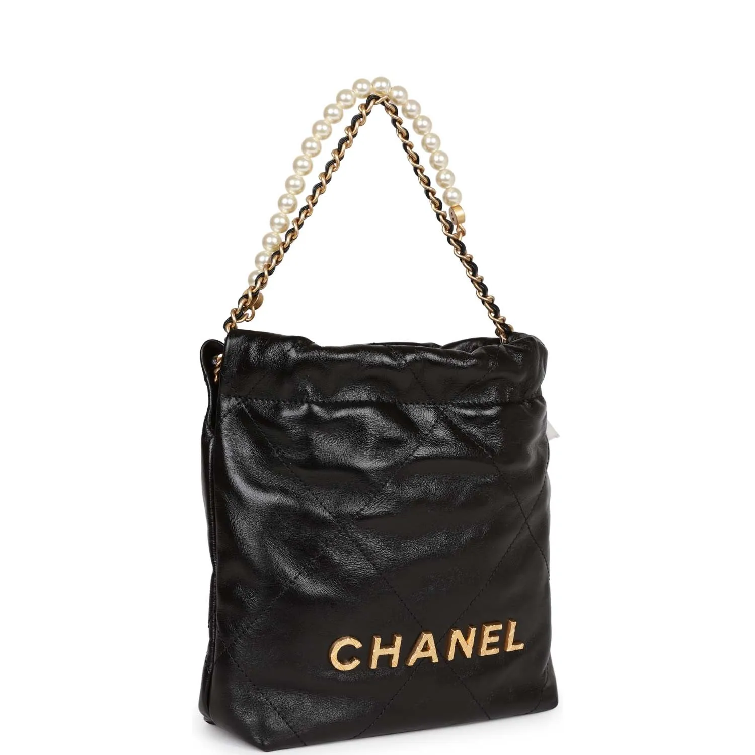 Chanel Mini 22 Bag Black Calfskin and Pearl Antique Gold Hardware