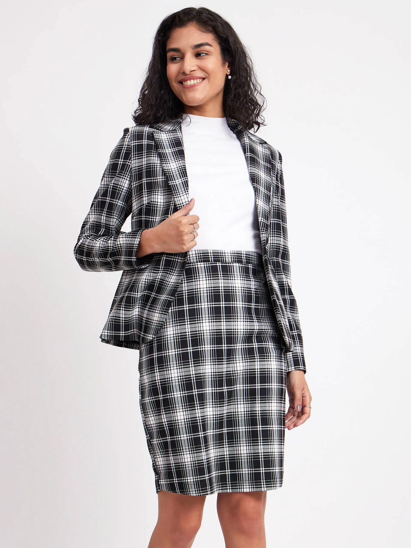 Checkered Blazer And Skirt Co-ord - Black And White