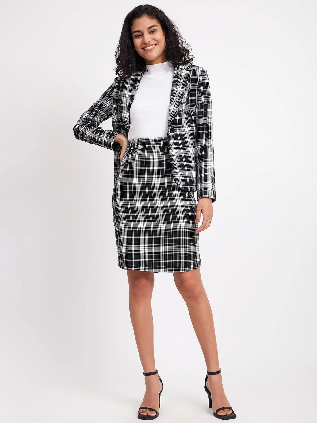 Checkered Blazer And Skirt Co-ord - Black And White