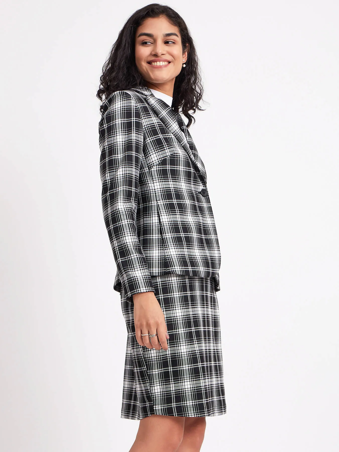 Checkered Blazer And Skirt Co-ord - Black And White