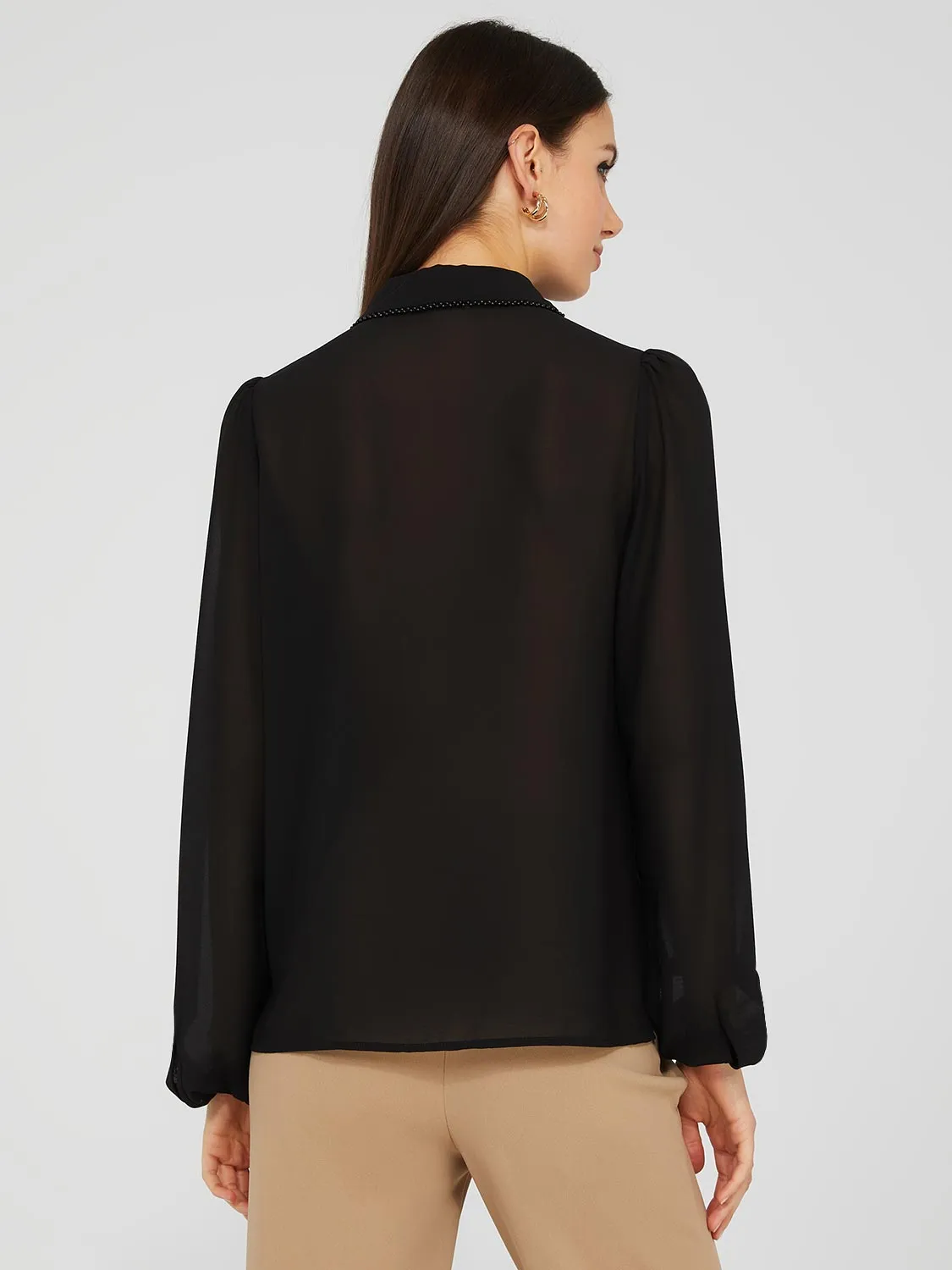 Chiffon Popover Blouse With Pearl Trim Collar