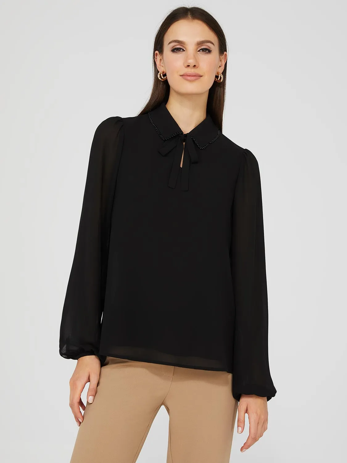 Chiffon Popover Blouse With Pearl Trim Collar