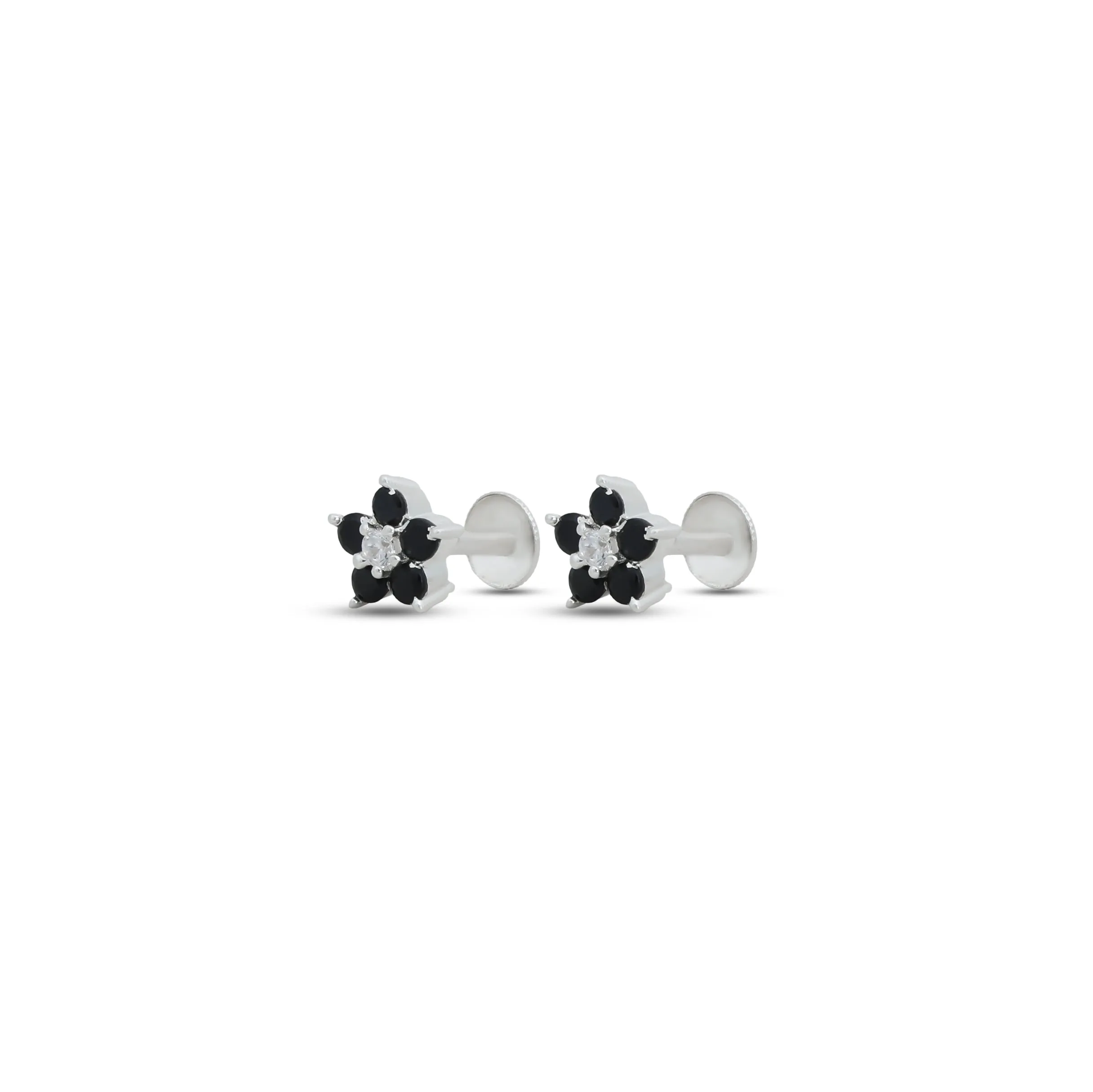 Classic Flower Design Black Stone Silver Earrings