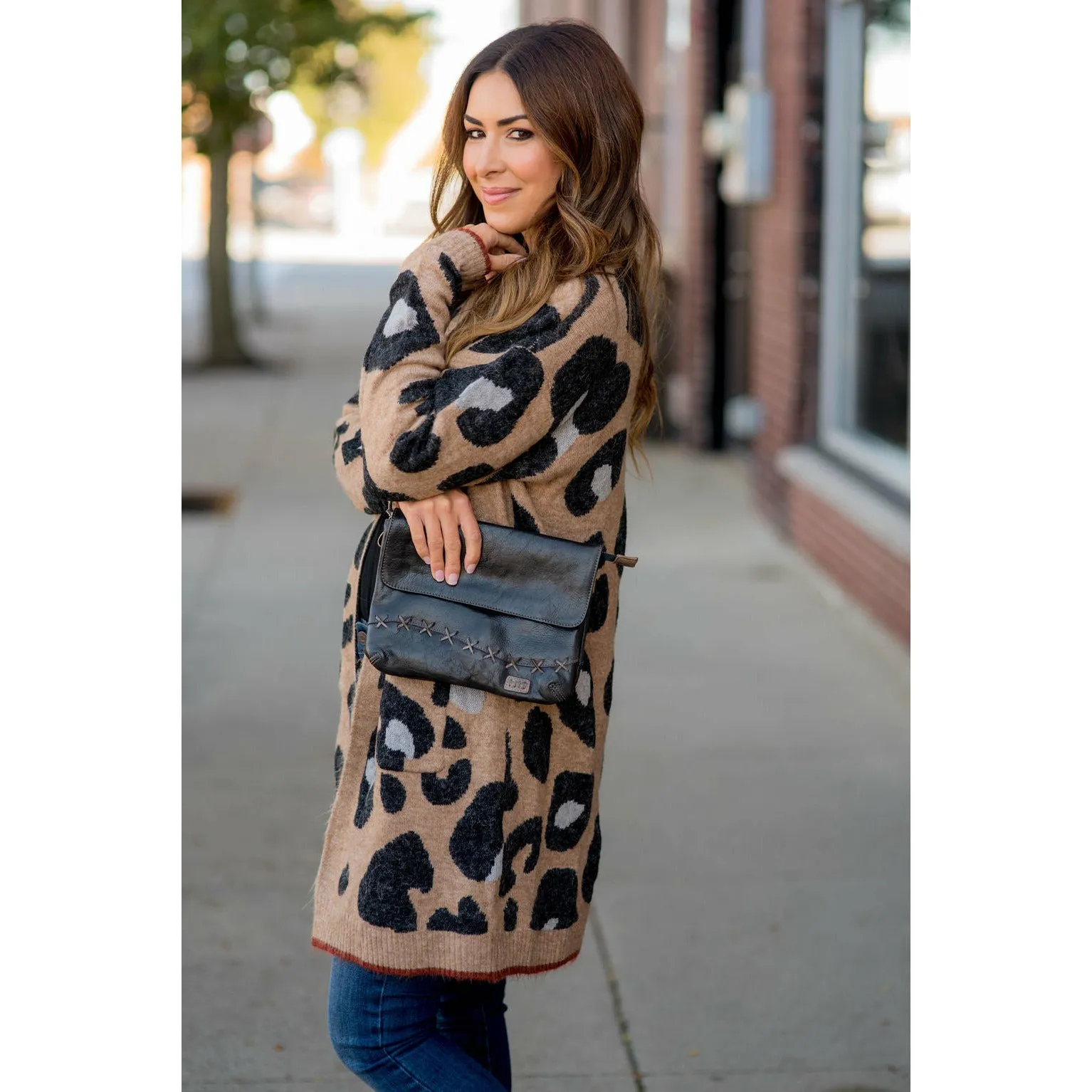 Cognac Trim Leopard Tunic Cardigan