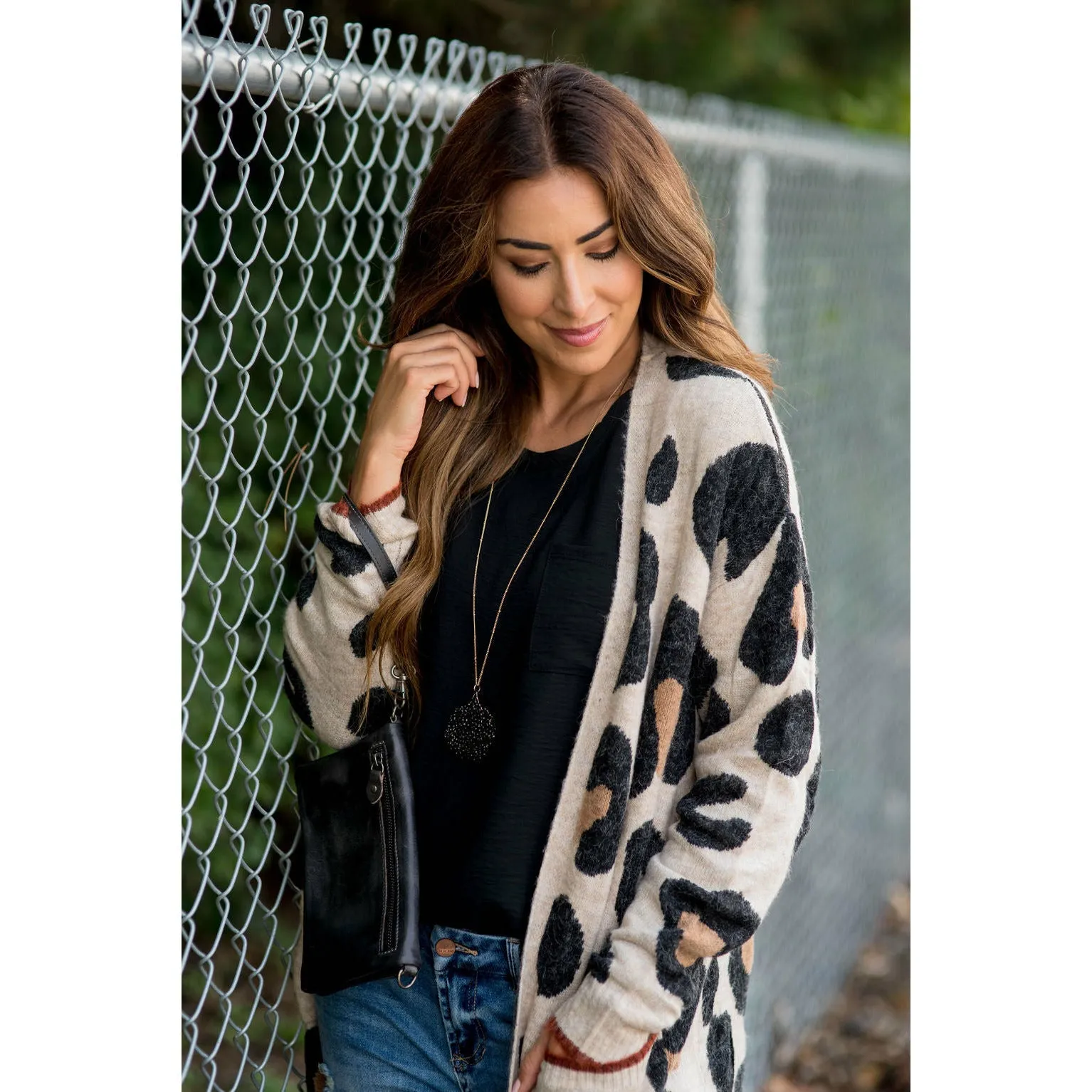 Cognac Trim Leopard Tunic Cardigan