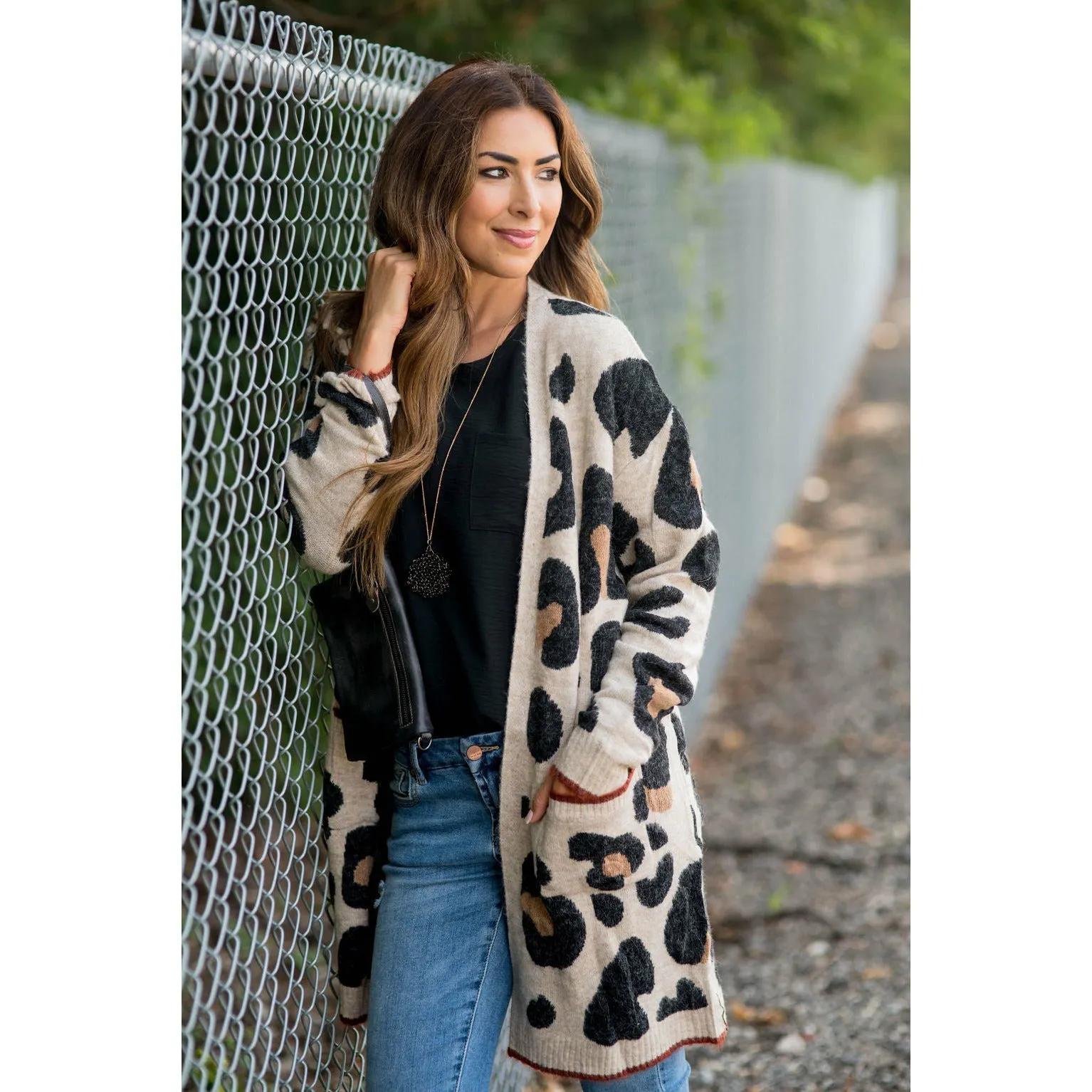 Cognac Trim Leopard Tunic Cardigan