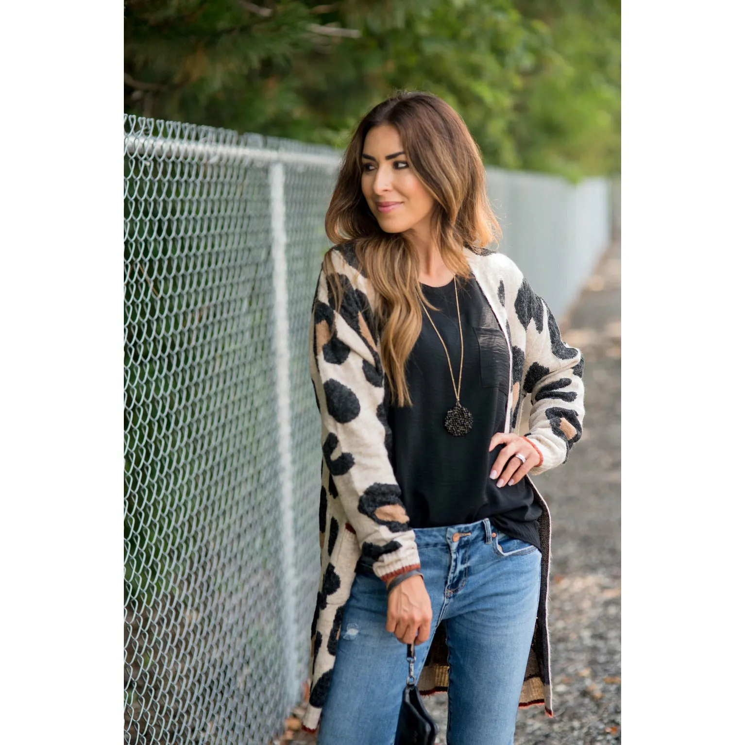 Cognac Trim Leopard Tunic Cardigan