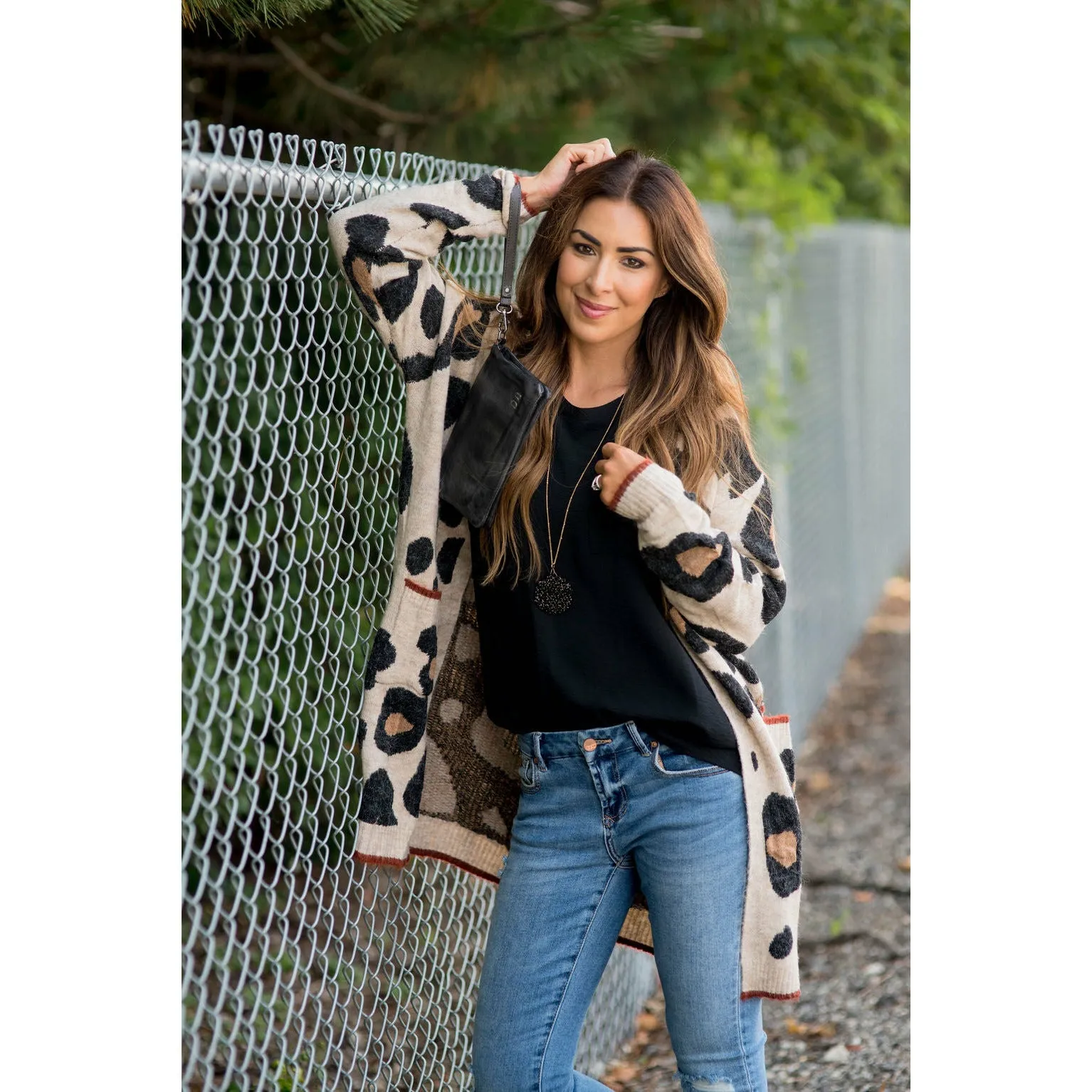 Cognac Trim Leopard Tunic Cardigan