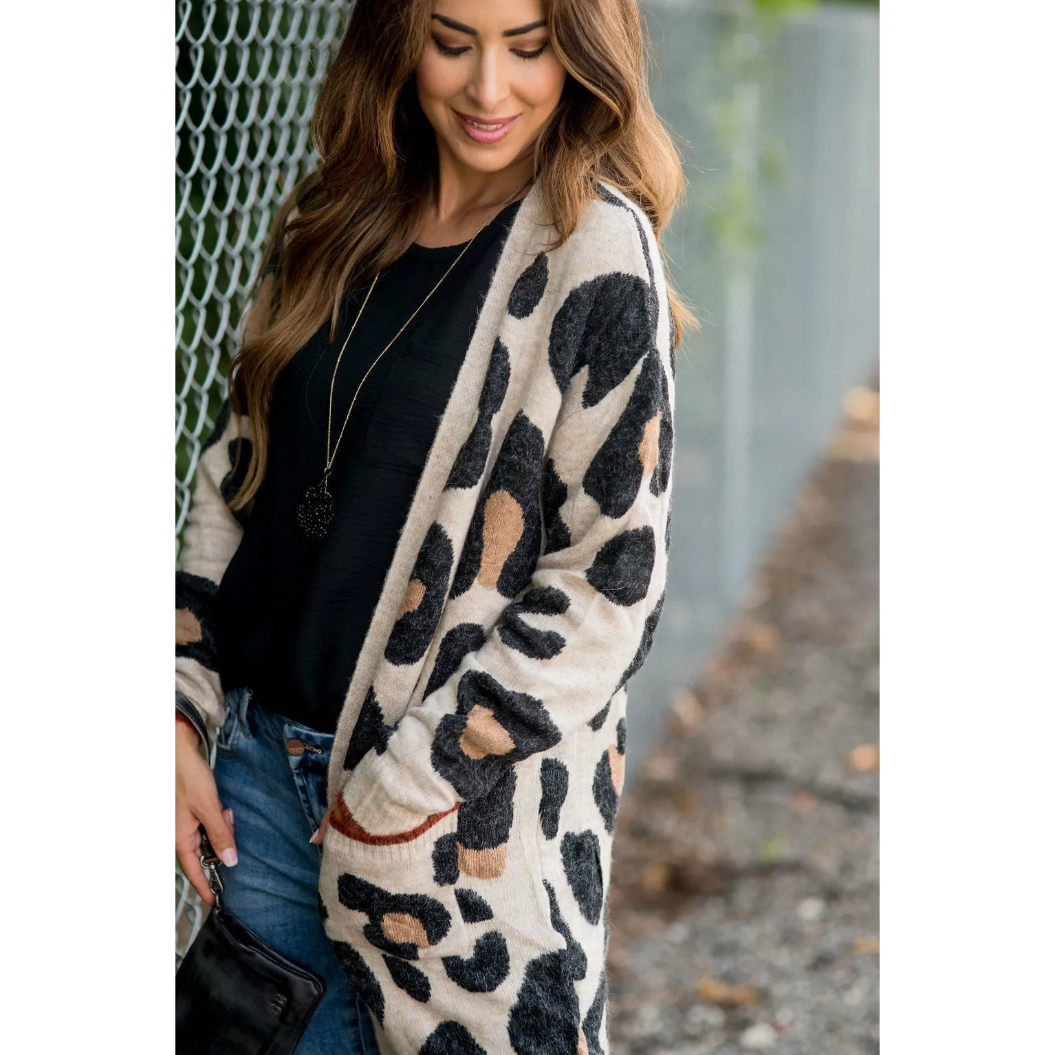 Cognac Trim Leopard Tunic Cardigan