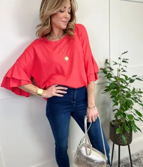 Coral Daisi Double Frill Sleeve Knit Top