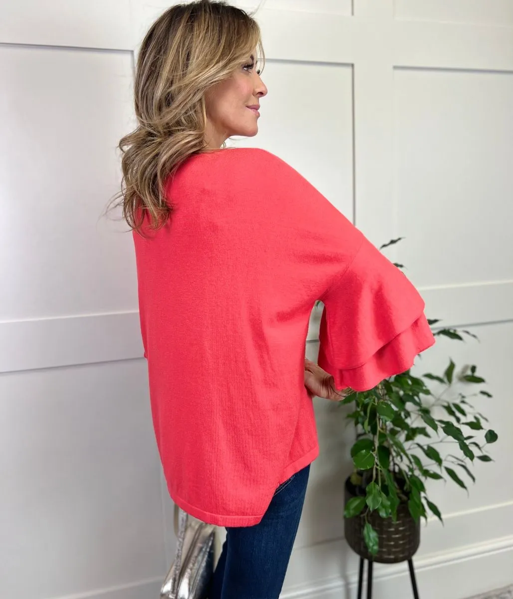 Coral Daisi Double Frill Sleeve Knit Top