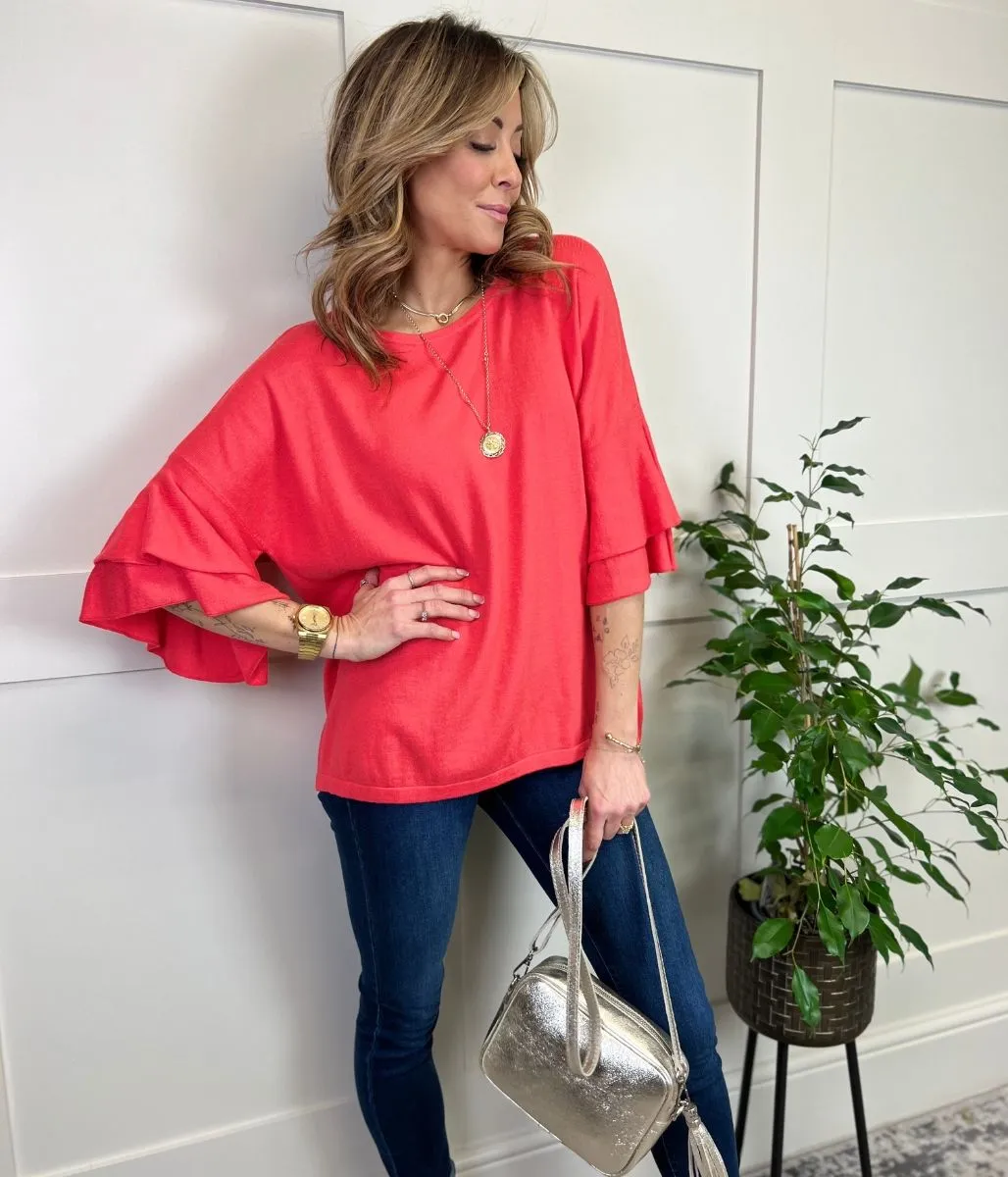 Coral Daisi Double Frill Sleeve Knit Top