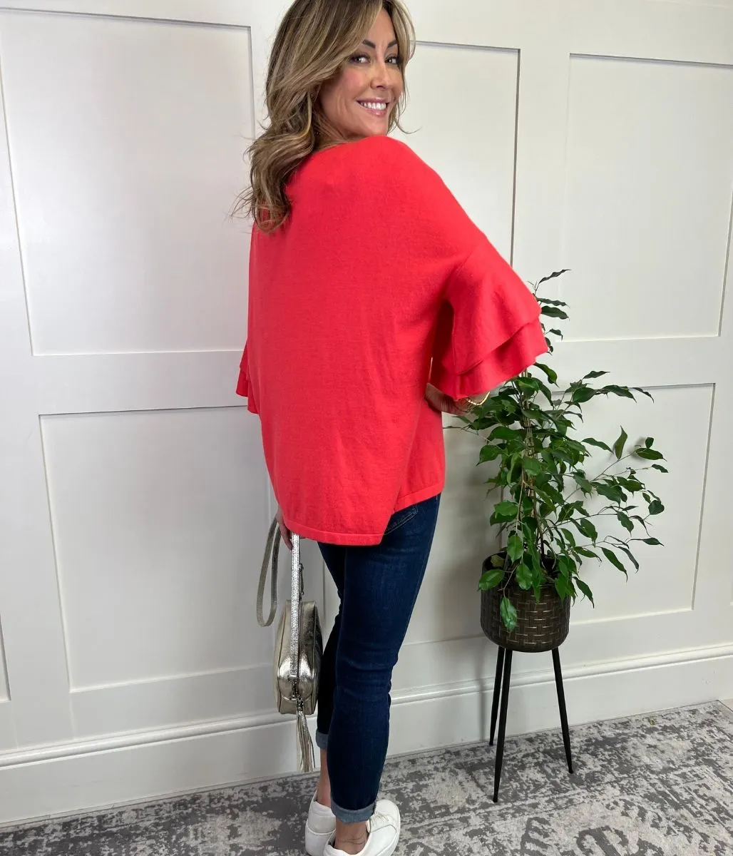 Coral Daisi Double Frill Sleeve Knit Top