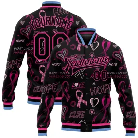 Custom Black Black Pink-Light Blue Pink Ribbon Breast Cancer Awareness 3D Pattern Design Bomber Full-Snap Varsity Letterman Jacket