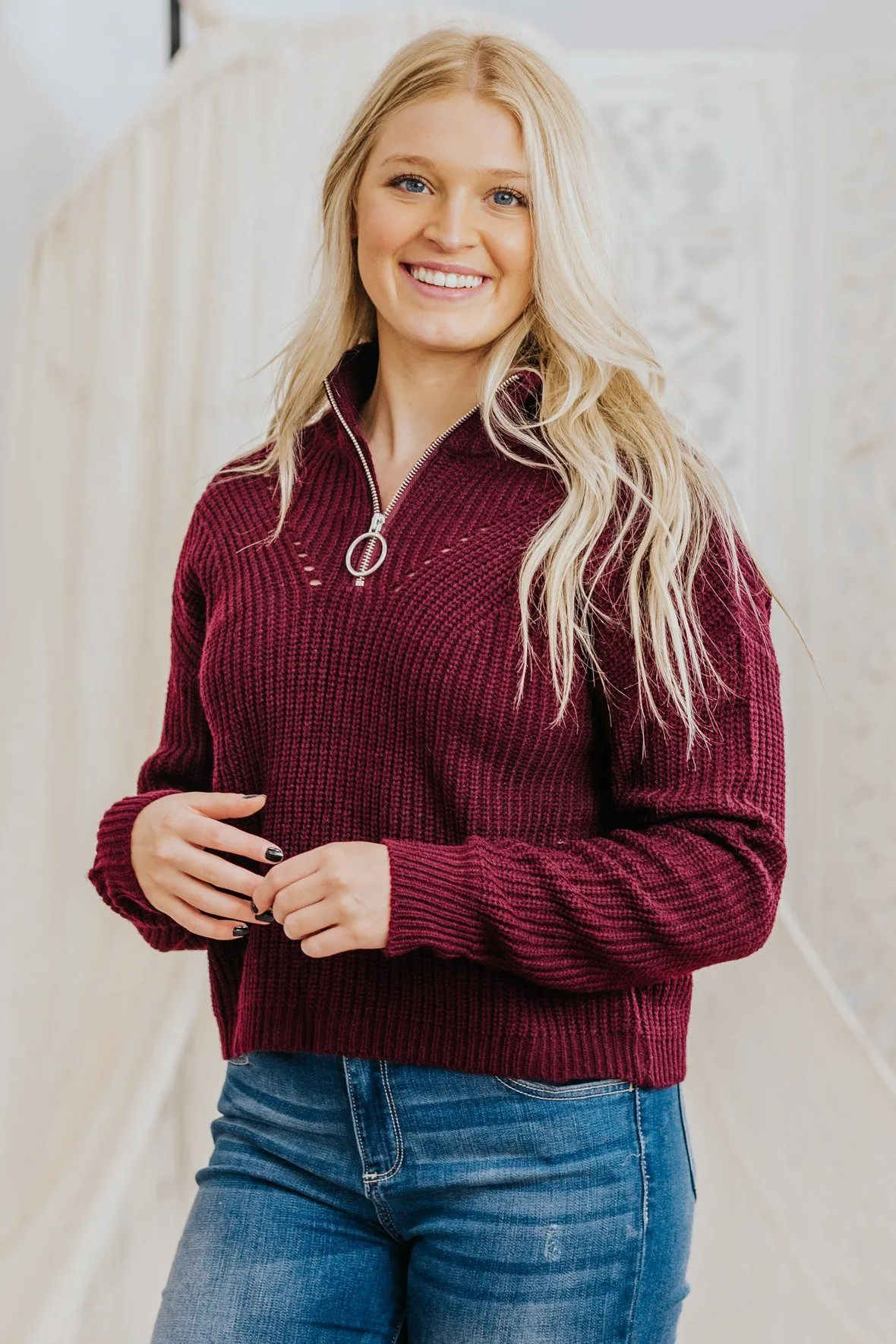 *DEAL* Unstoppable Women Ribbed 1/4 Zip Up Sweater in Wine