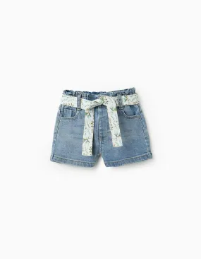 Denim Shorts with Floral Ribbon for Baby Girls, Blue