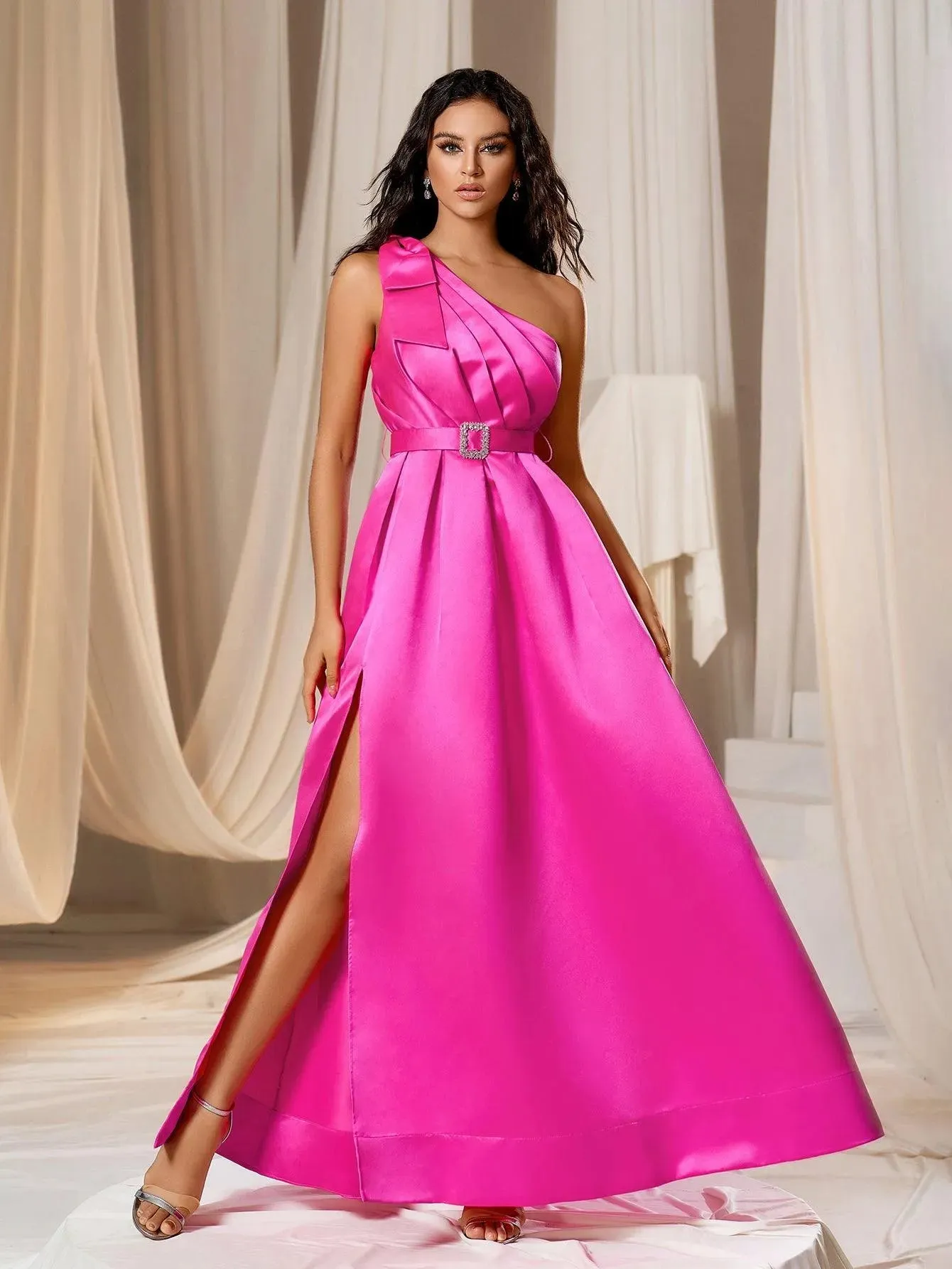 Elegant One Shoulder Sleeveless Satin A line Dresses