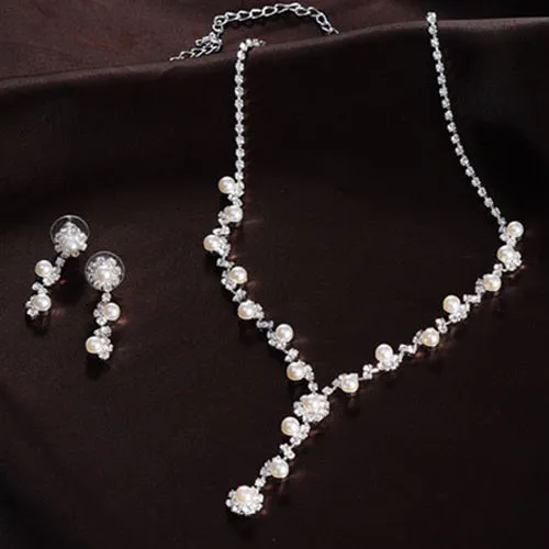 Faux Pearl Clear Austrian Rhinestone Choker Necklace Earrings Jewelry Set for Women