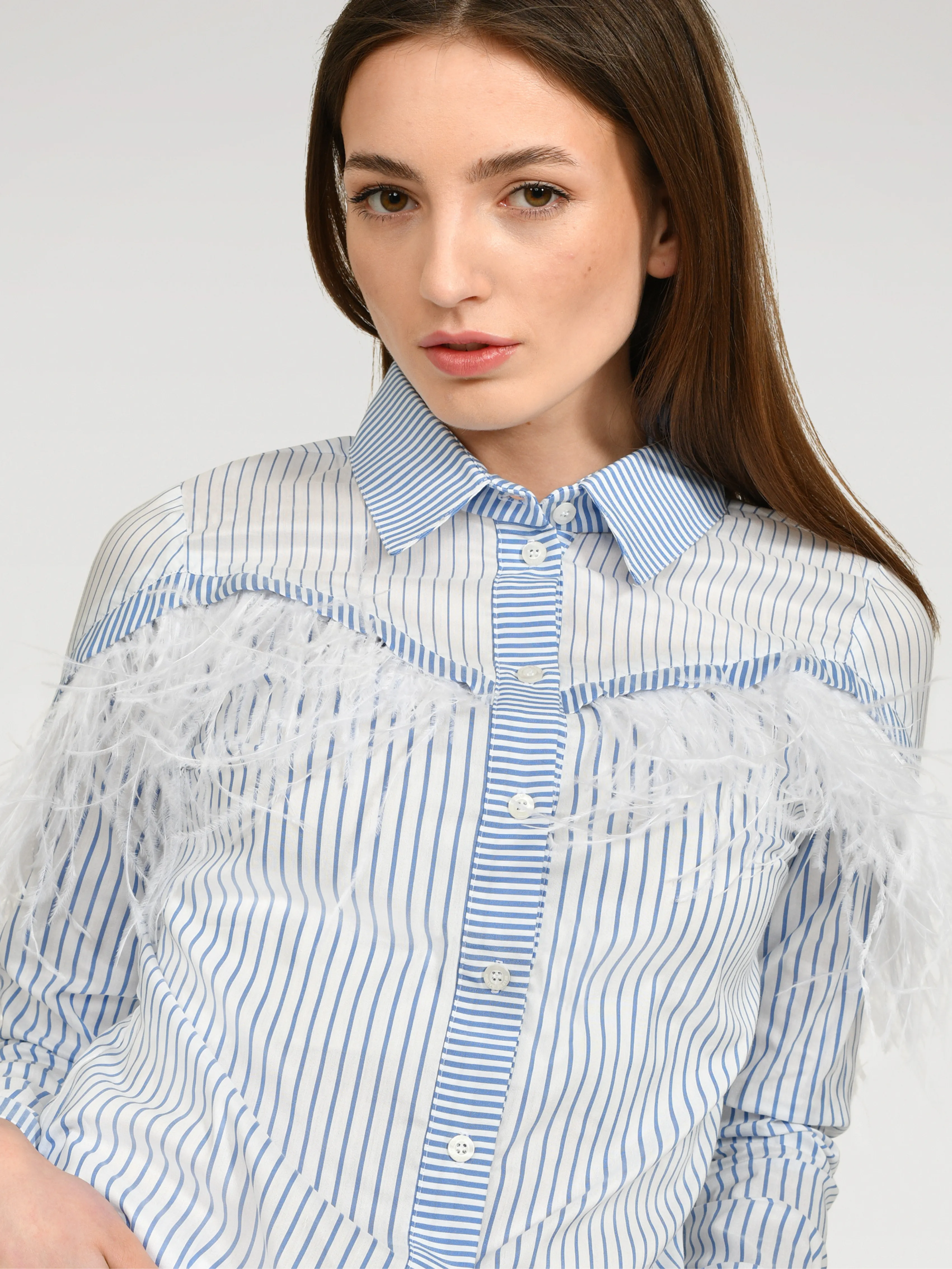 FEATHER SHIRT BLOUSE "ANDREA" IN BLUE WITH WHITE STRIPES