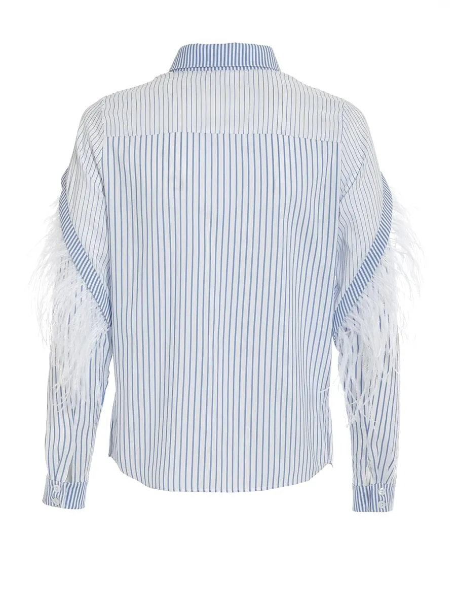 FEATHER SHIRT BLOUSE "ANDREA" IN BLUE WITH WHITE STRIPES