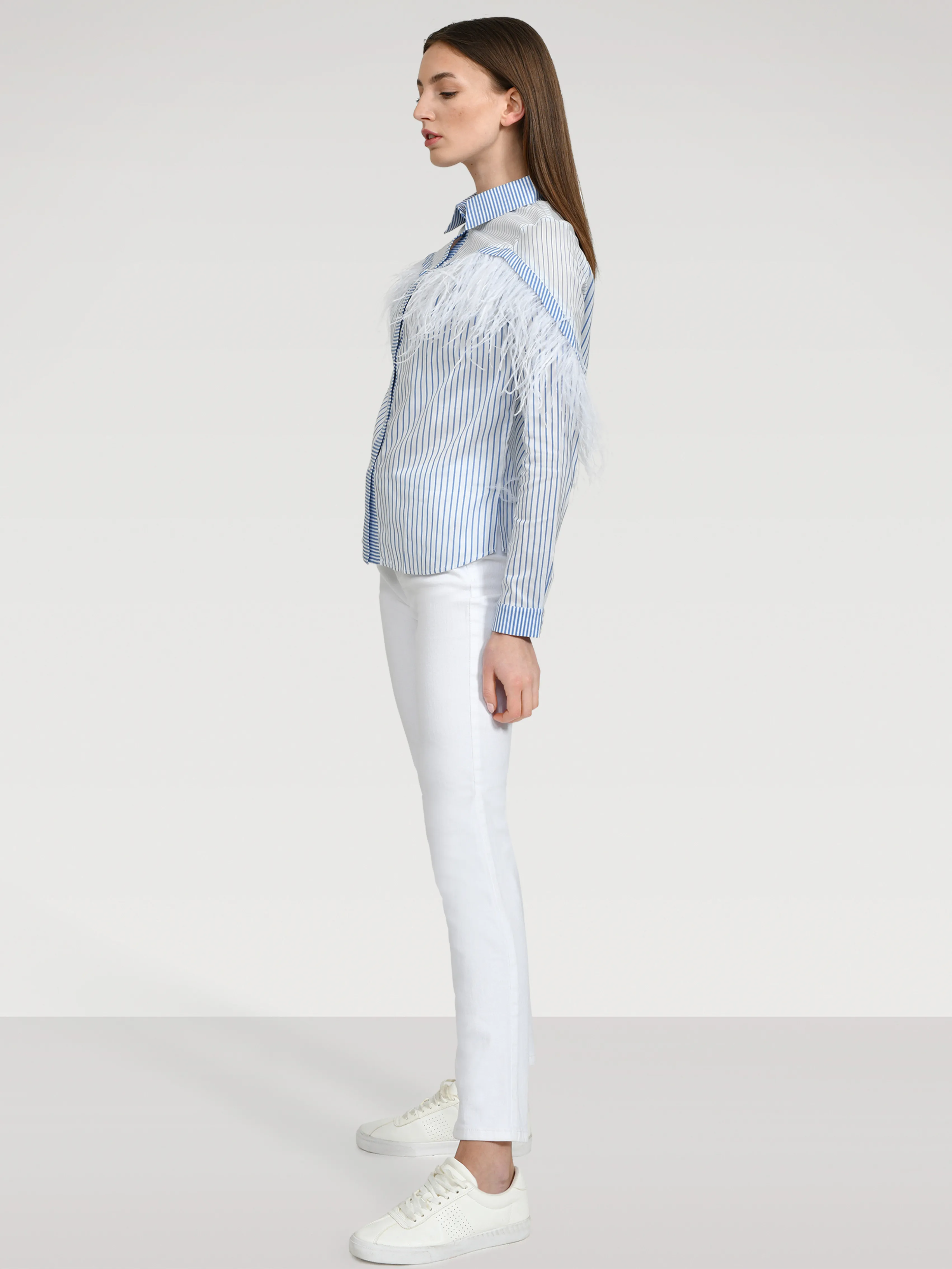 FEATHER SHIRT BLOUSE "ANDREA" IN BLUE WITH WHITE STRIPES