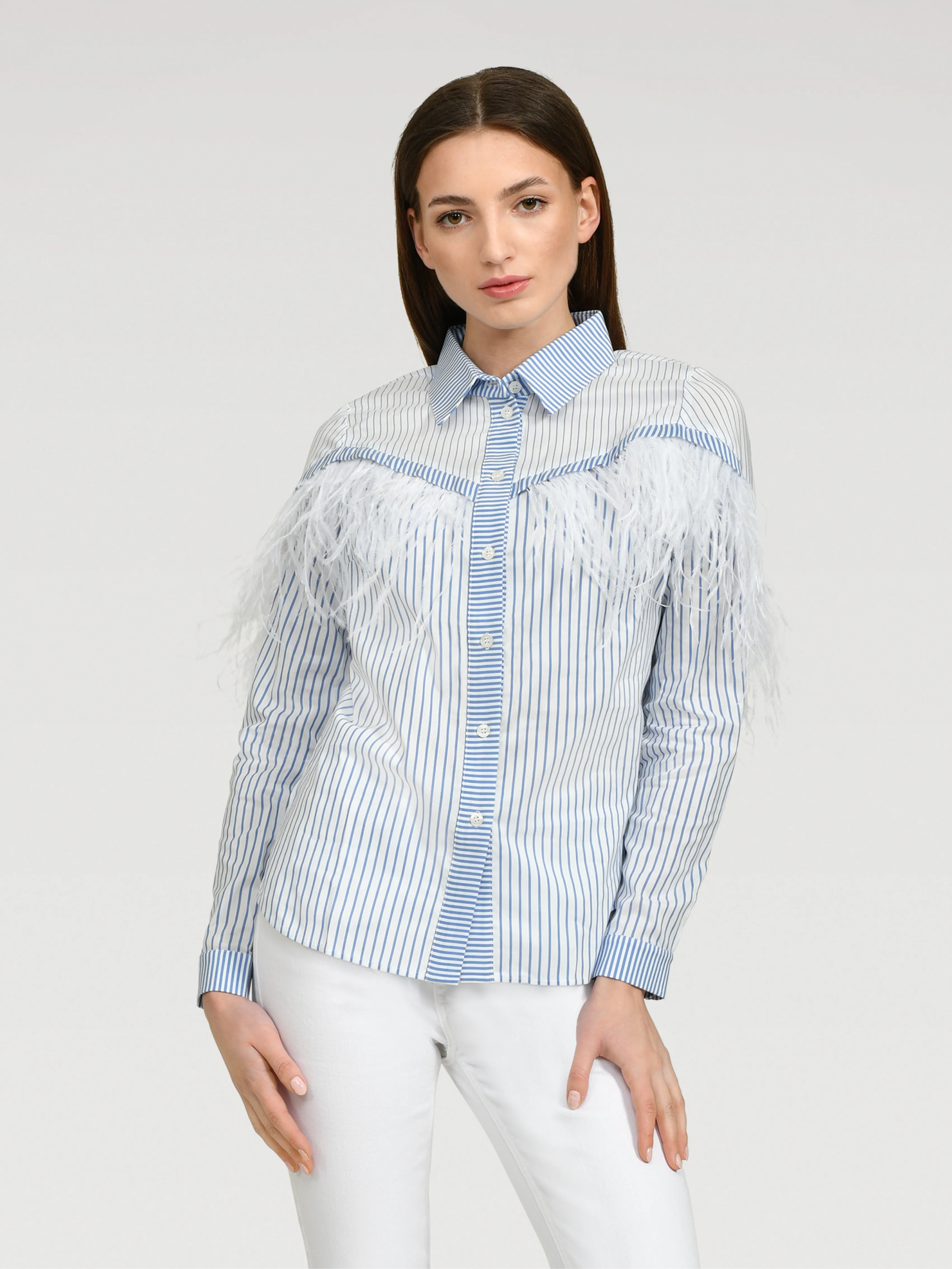 FEATHER SHIRT BLOUSE "ANDREA" IN BLUE WITH WHITE STRIPES