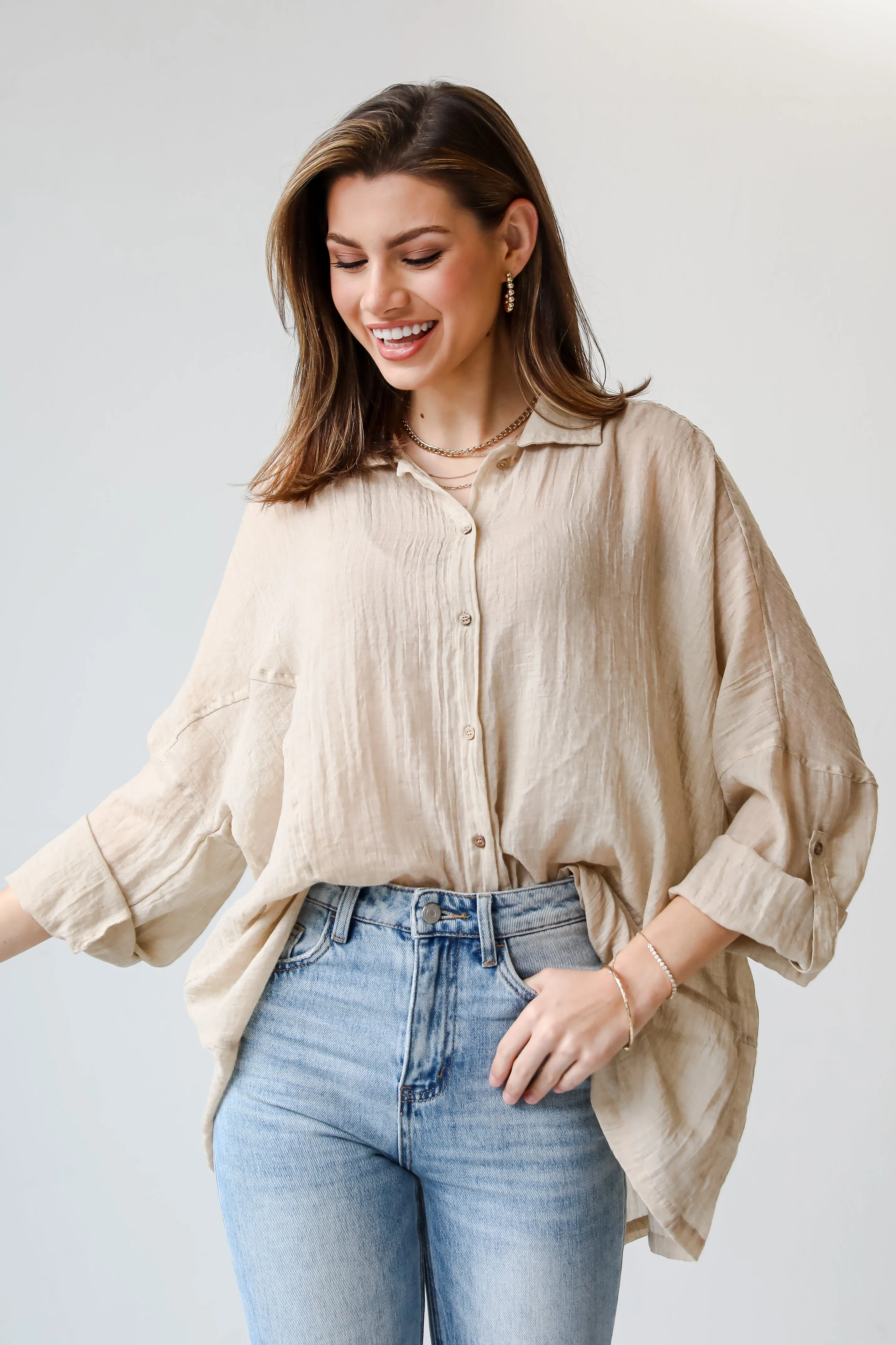 FINAL SALE - Beautiful Breezes Beige Oversized Button-Up Blouse