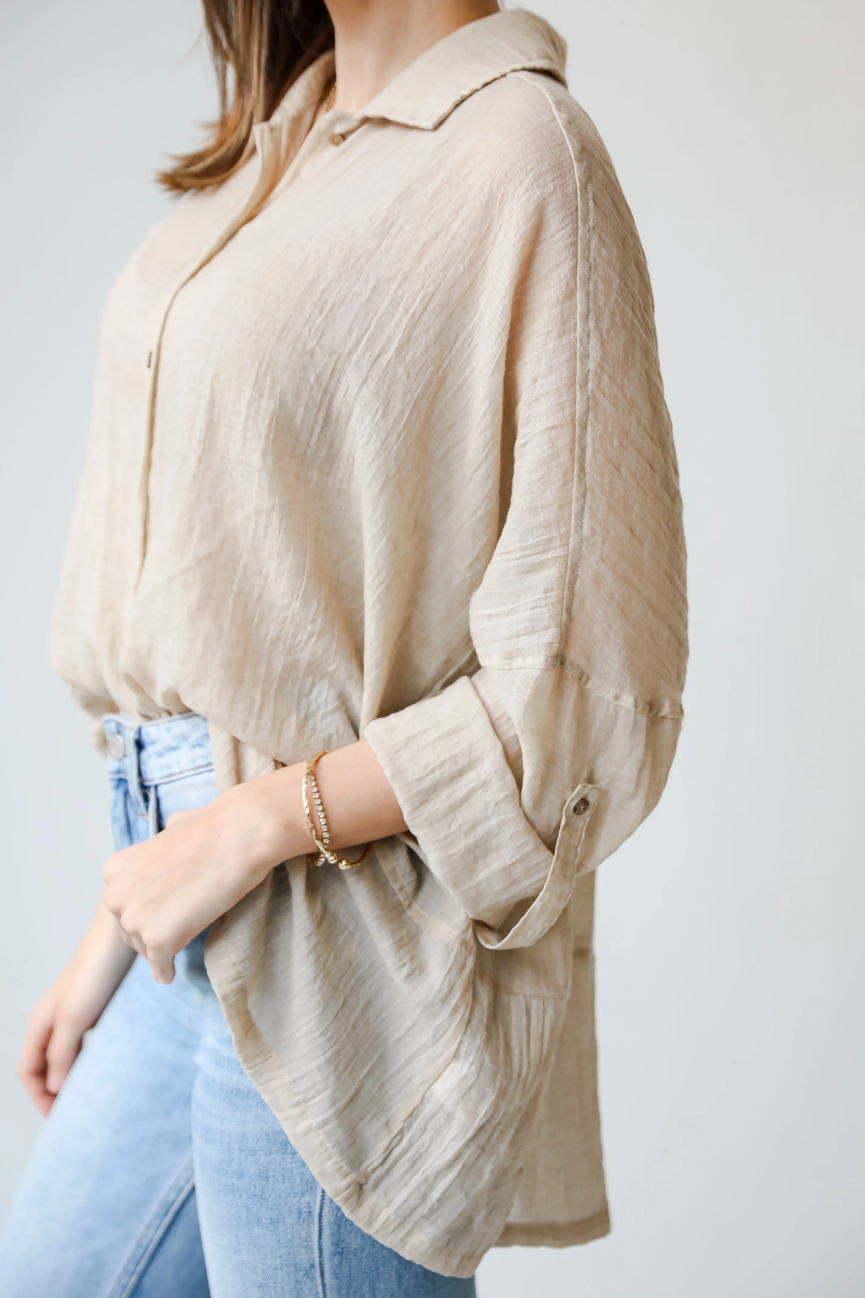 FINAL SALE - Beautiful Breezes Beige Oversized Button-Up Blouse