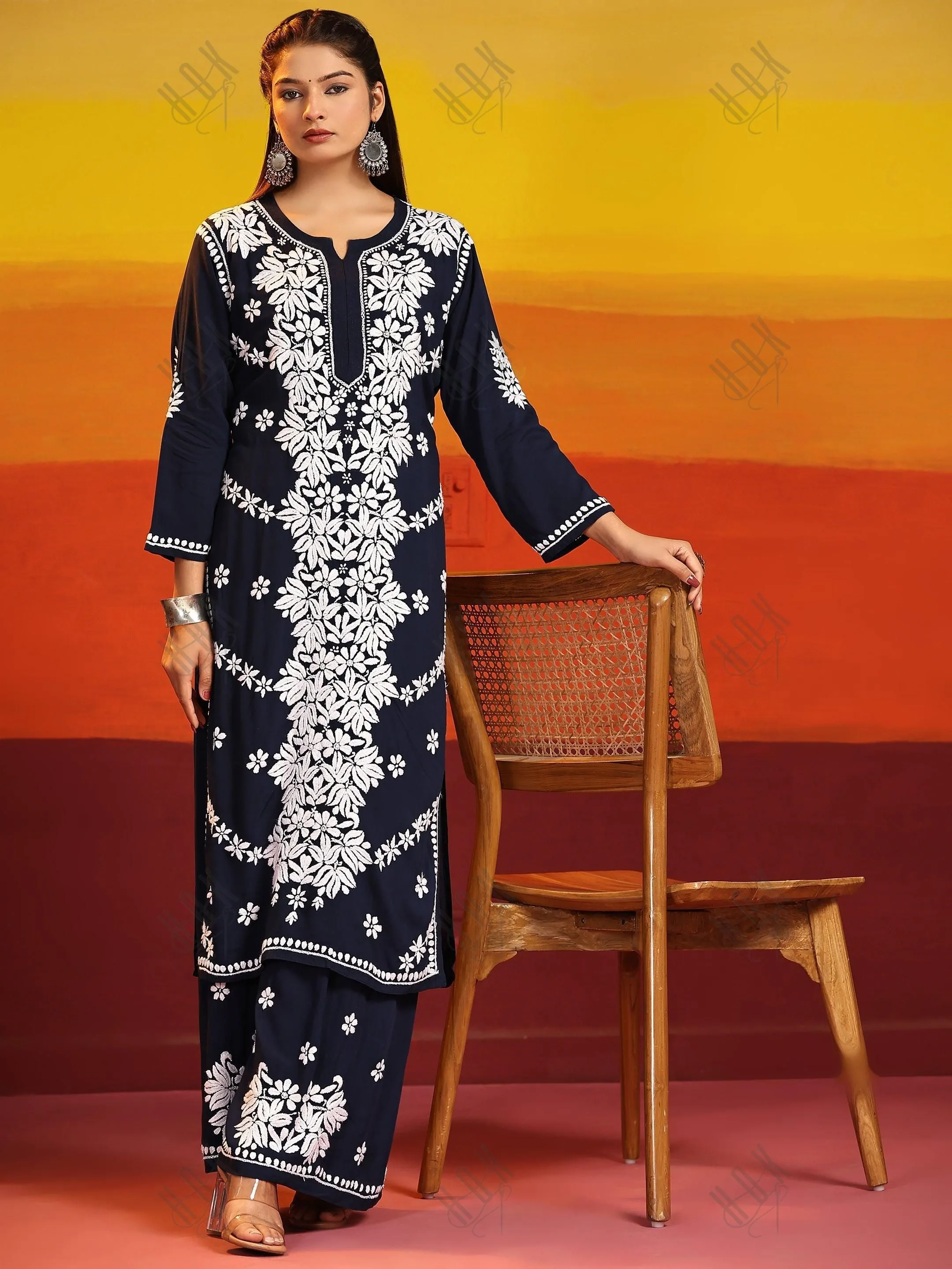 Fizaa Chikankari CO-ORD Set In Modal Cotton for Women In Blue