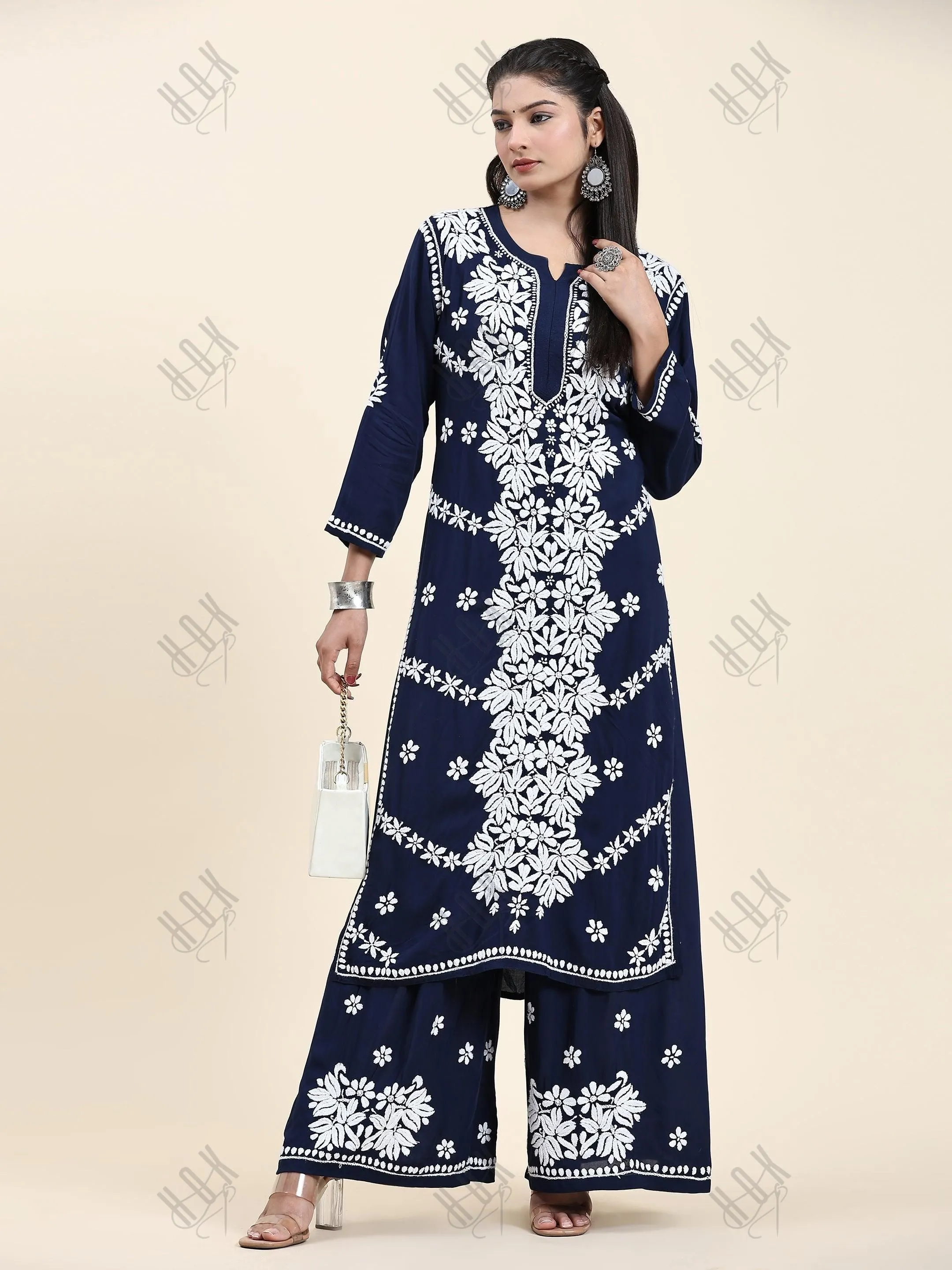 Fizaa Chikankari CO-ORD Set In Modal Cotton for Women In Blue