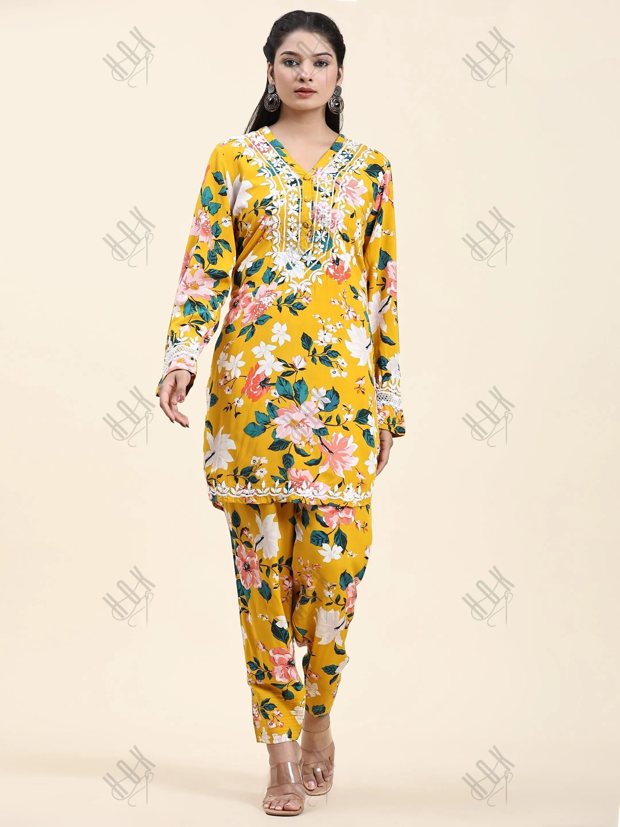 Fizaa Chikankari Co-ord set in Printed Rayon Cotton for Women- Yellow