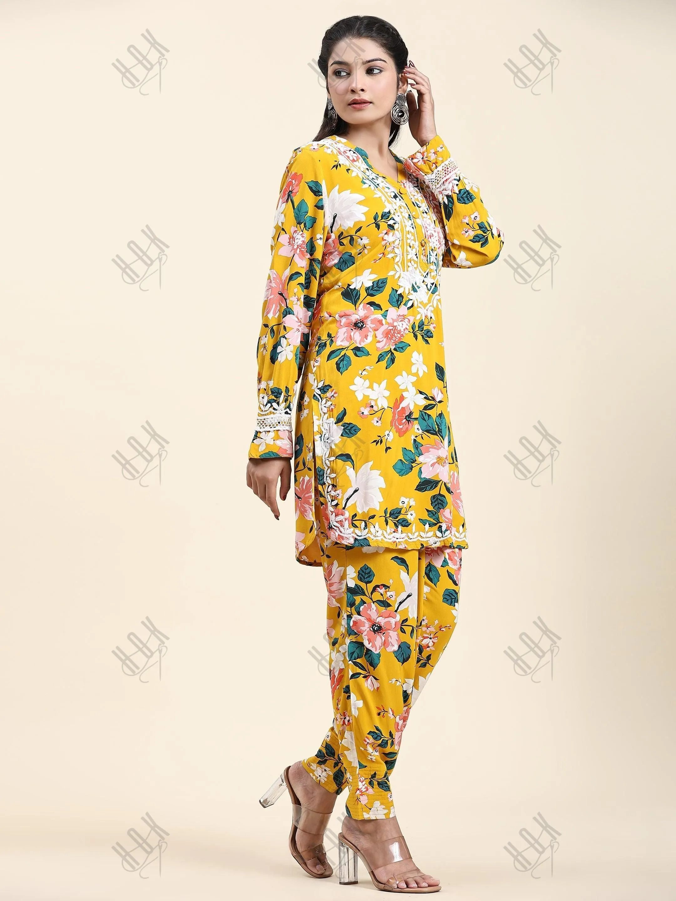 Fizaa Chikankari Co-ord set in Printed Rayon Cotton for Women- Yellow