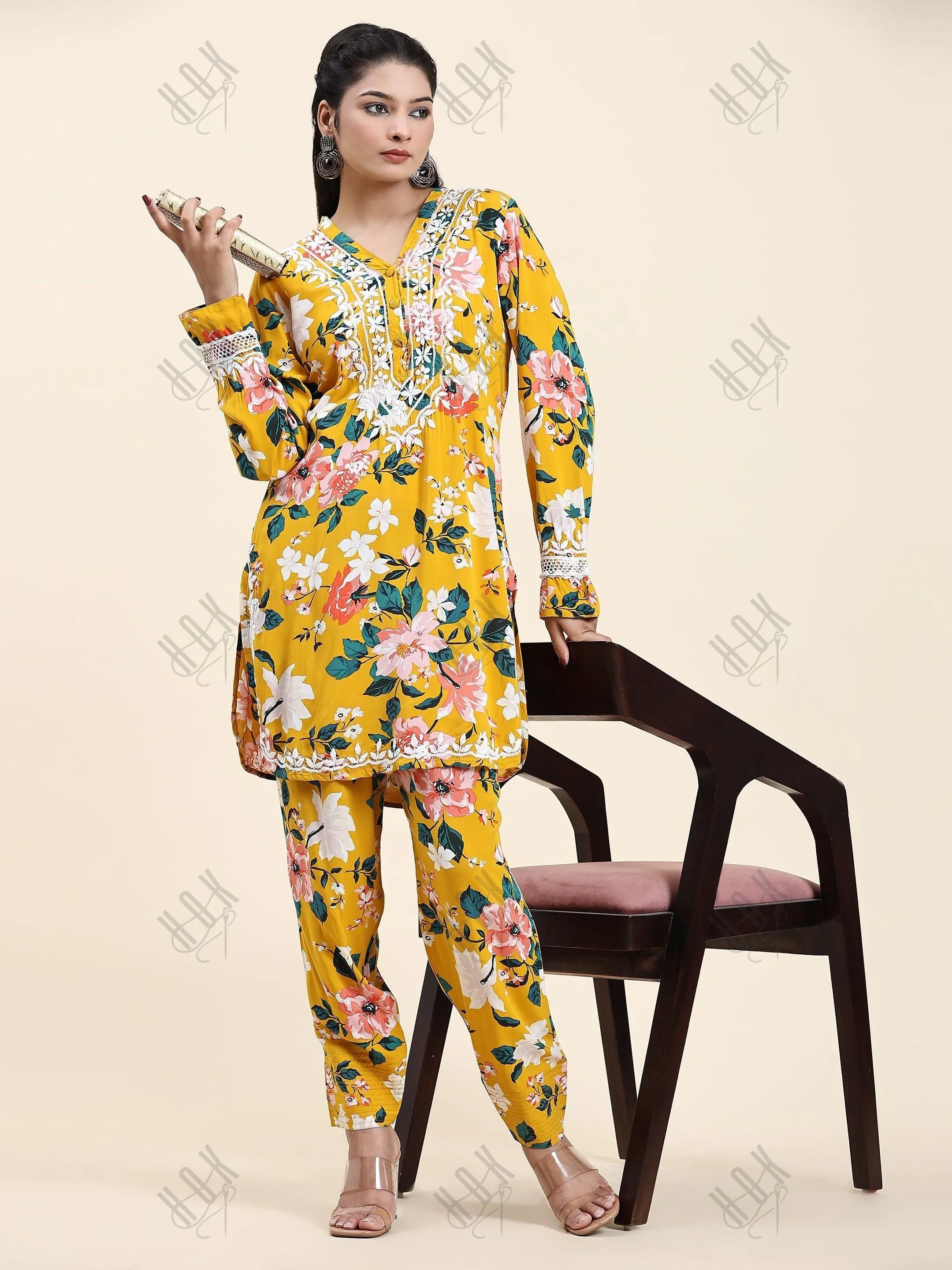 Fizaa Chikankari Co-ord set in Printed Rayon Cotton for Women- Yellow