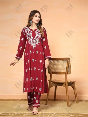 Fizaa Chikankari  Long Modal Kurta Set - Maroon