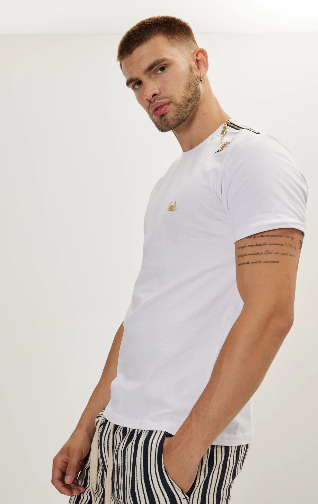 Gold Zipper Accessorized T-Shirt - White