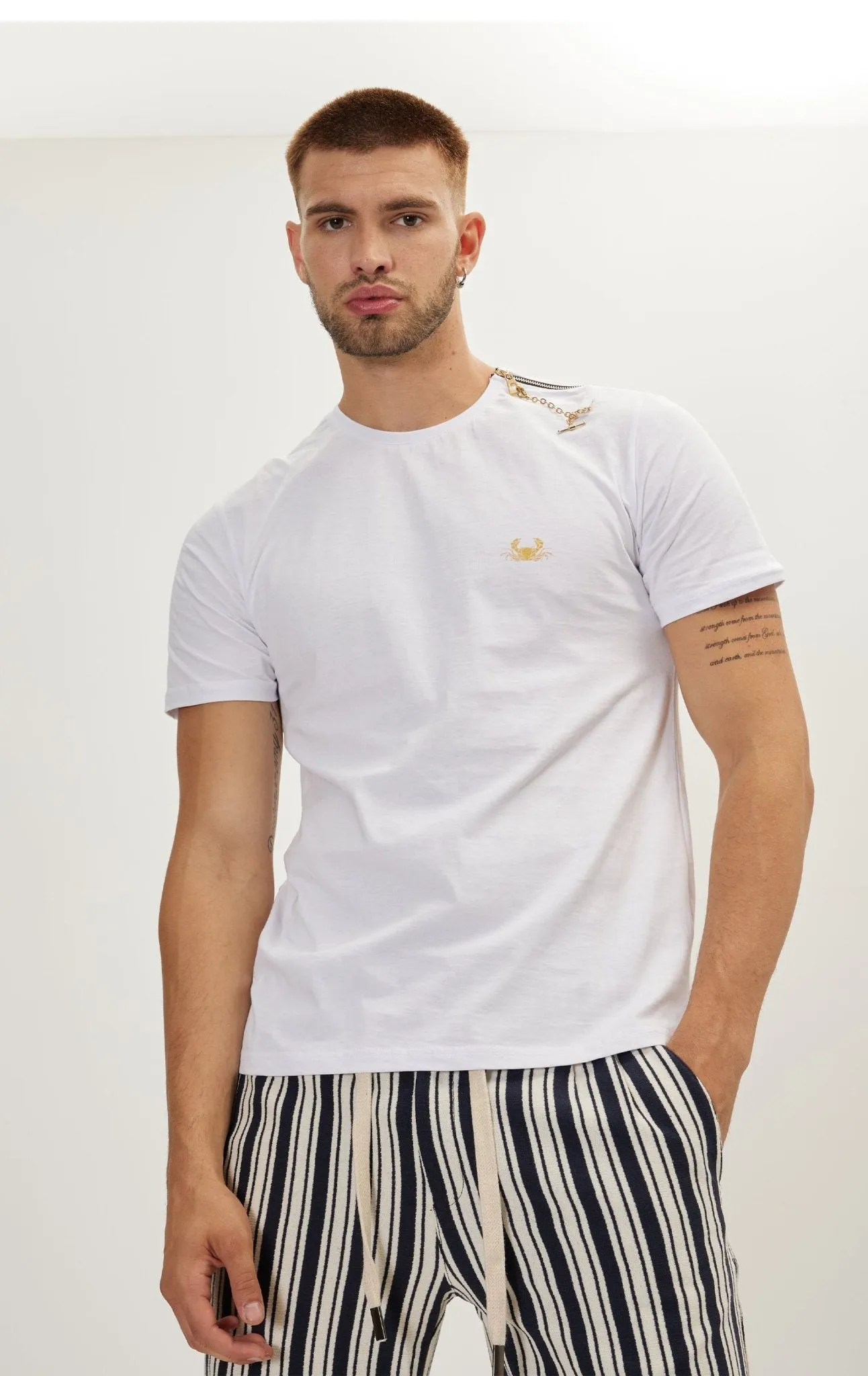 Gold Zipper Accessorized T-Shirt - White