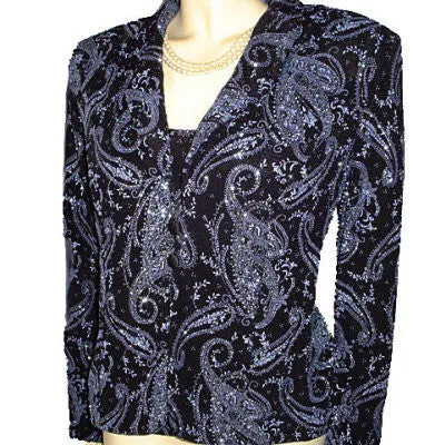 *GORGEOUS SPARKLING ALEX EVENINGS BLUE METALLIC & BLACK 2-PIECE JACKET & SHELL SET  - PERFECT FOR THE HOLIDAYS