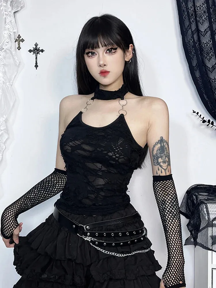 Gothic Halter Backless Cyberpunk Y2K Crop Top