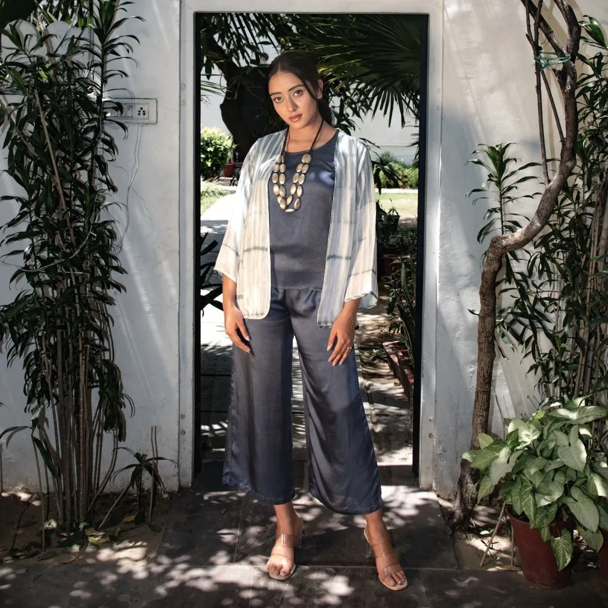 Grey & White Co-ord Set With Handcrafted Tie & Dye Shrug