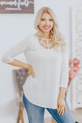 Happiness Comes Easy 3/4 Sleeve Criss Cross Front Top in White