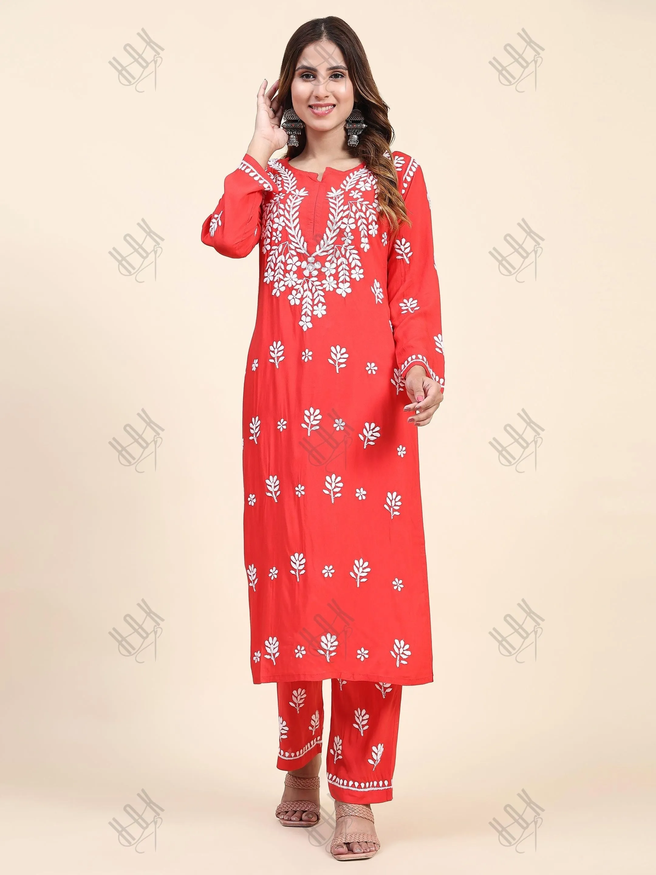 Himani in Fizaa Chikankari  Long Modal Kurta Set - RED