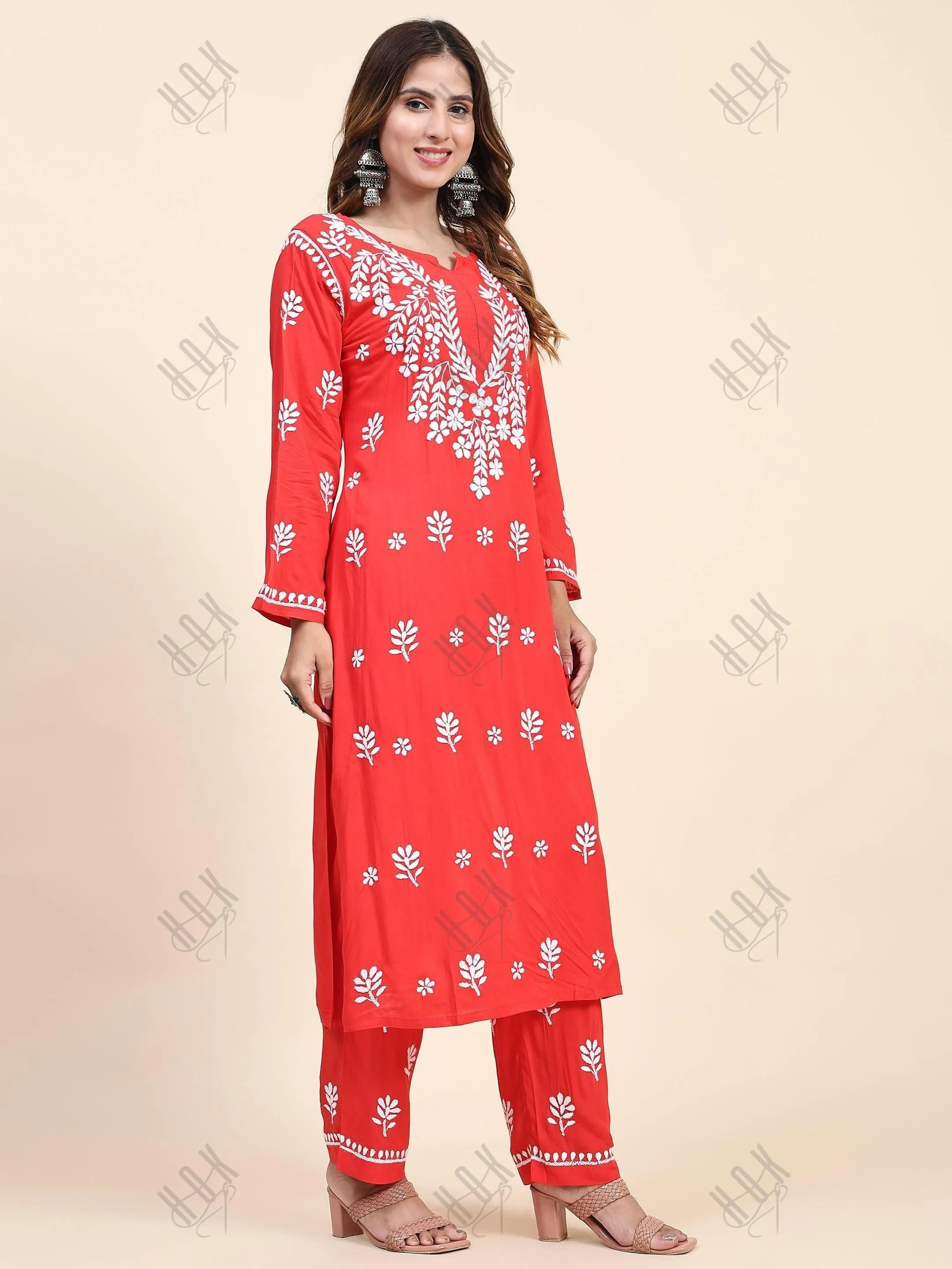 Himani in Fizaa Chikankari  Long Modal Kurta Set - RED