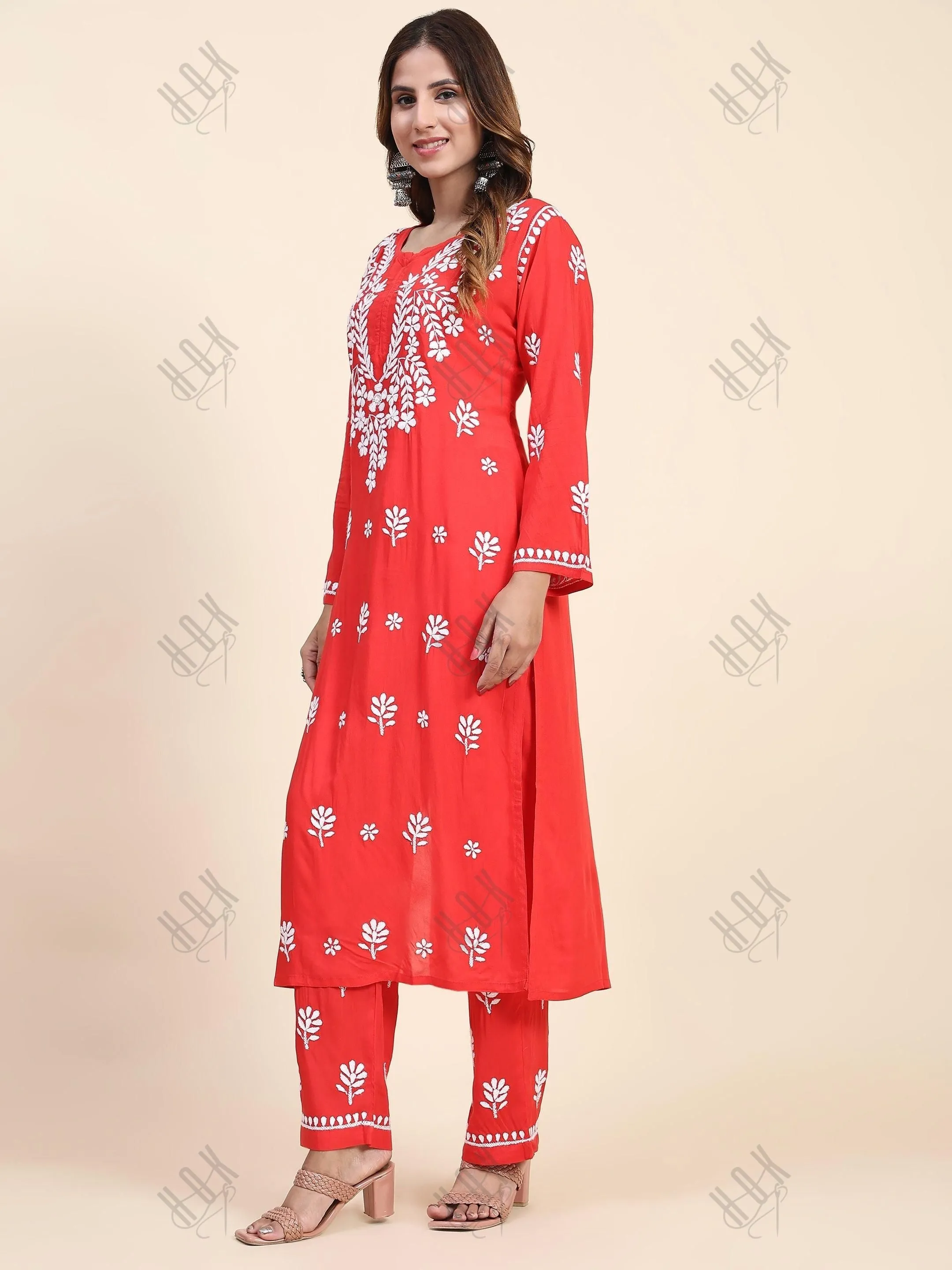 Himani in Fizaa Chikankari  Long Modal Kurta Set - RED