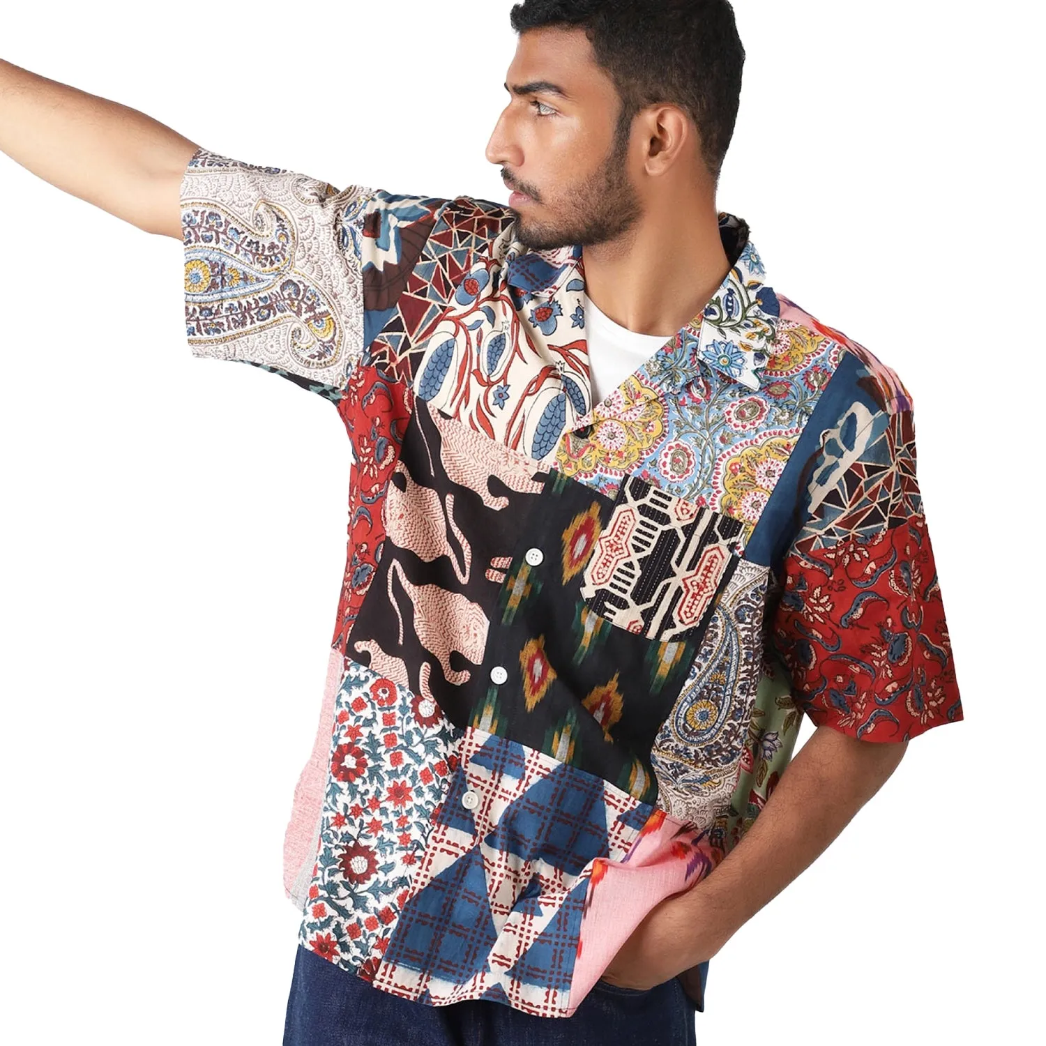 Kardo Ronen Oversized Camp Collar Short Sleeve Shirt - Patchwork