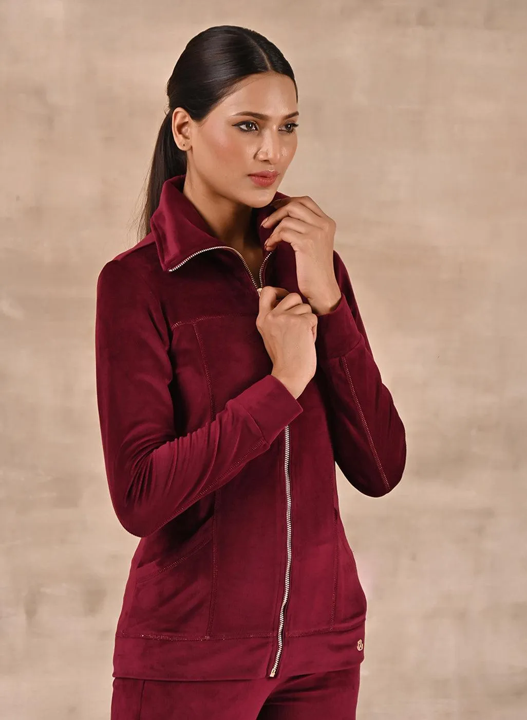 Maroon Track Suit with Spread Collar