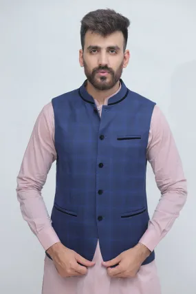 Men Navy Blue Checkered Waistcoat