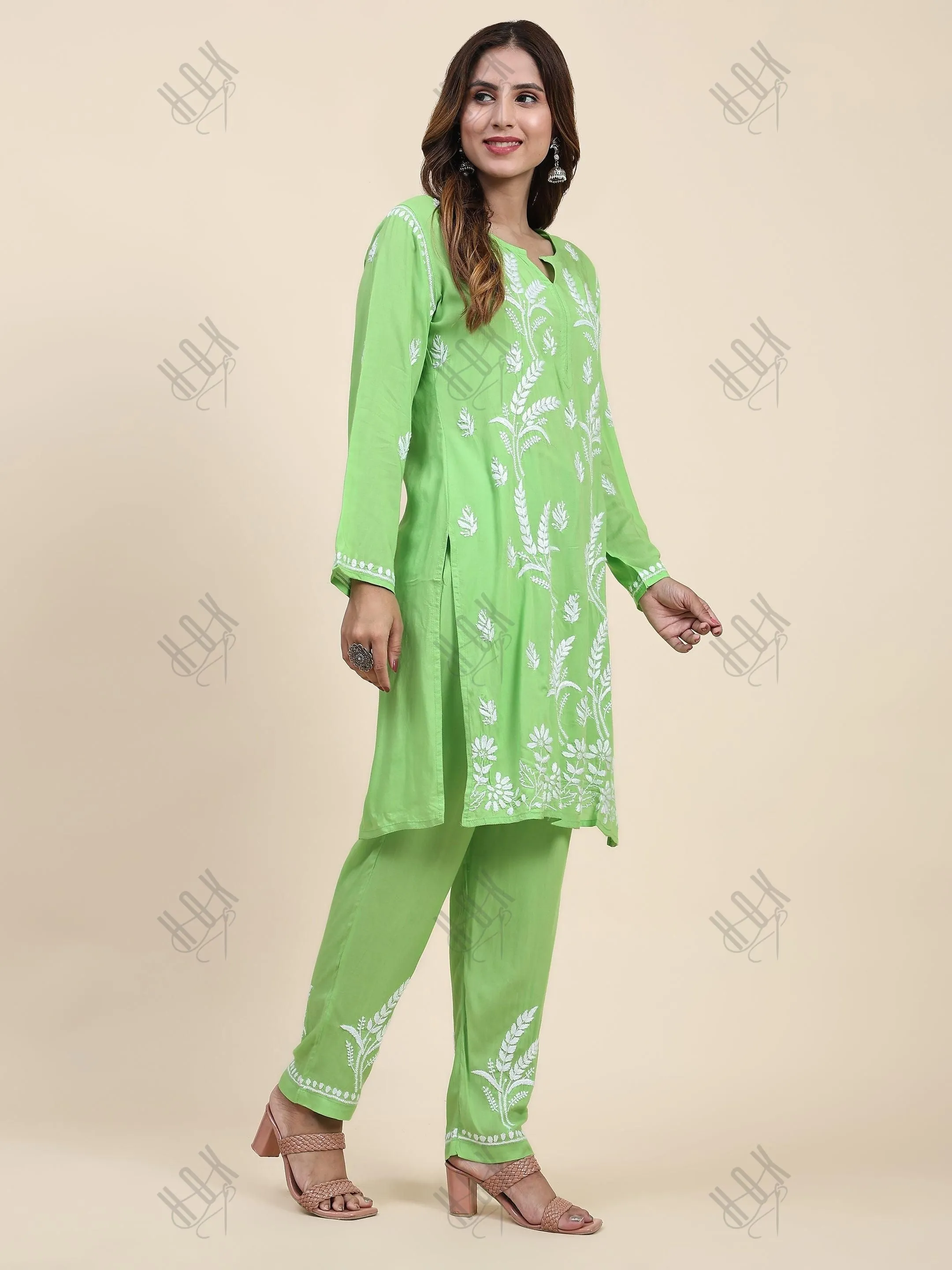 Miesha in Chikankari Short Modal Kurta Set - Green