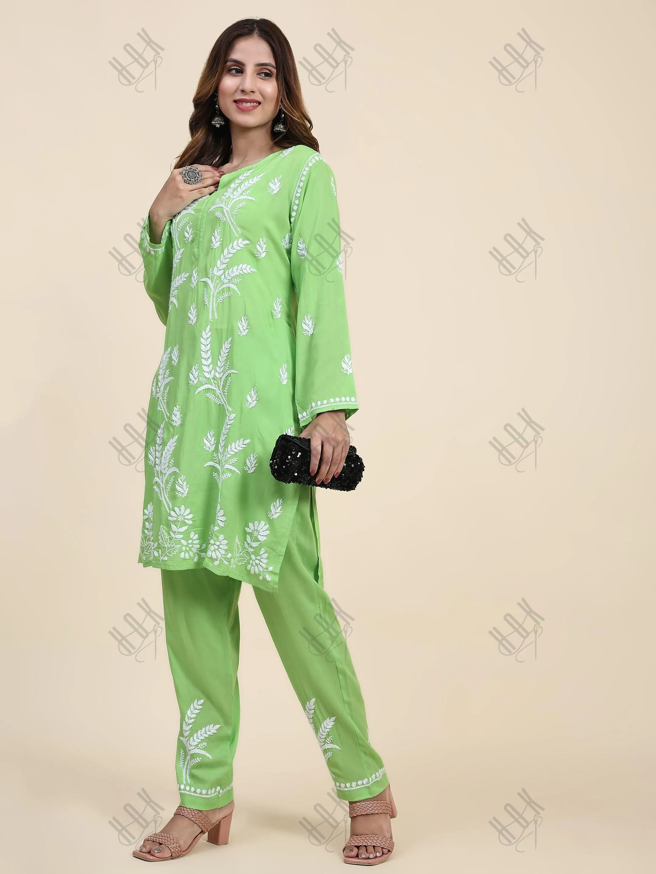 Miesha in Chikankari Short Modal Kurta Set - Green